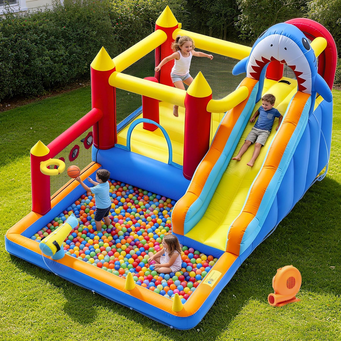 Inflatable Bounce House with Water Slide for Kids, 10 in 1 Bounce House with Air Blower, Inflatable Water Park for Backyard with Slide, Climbing Wall