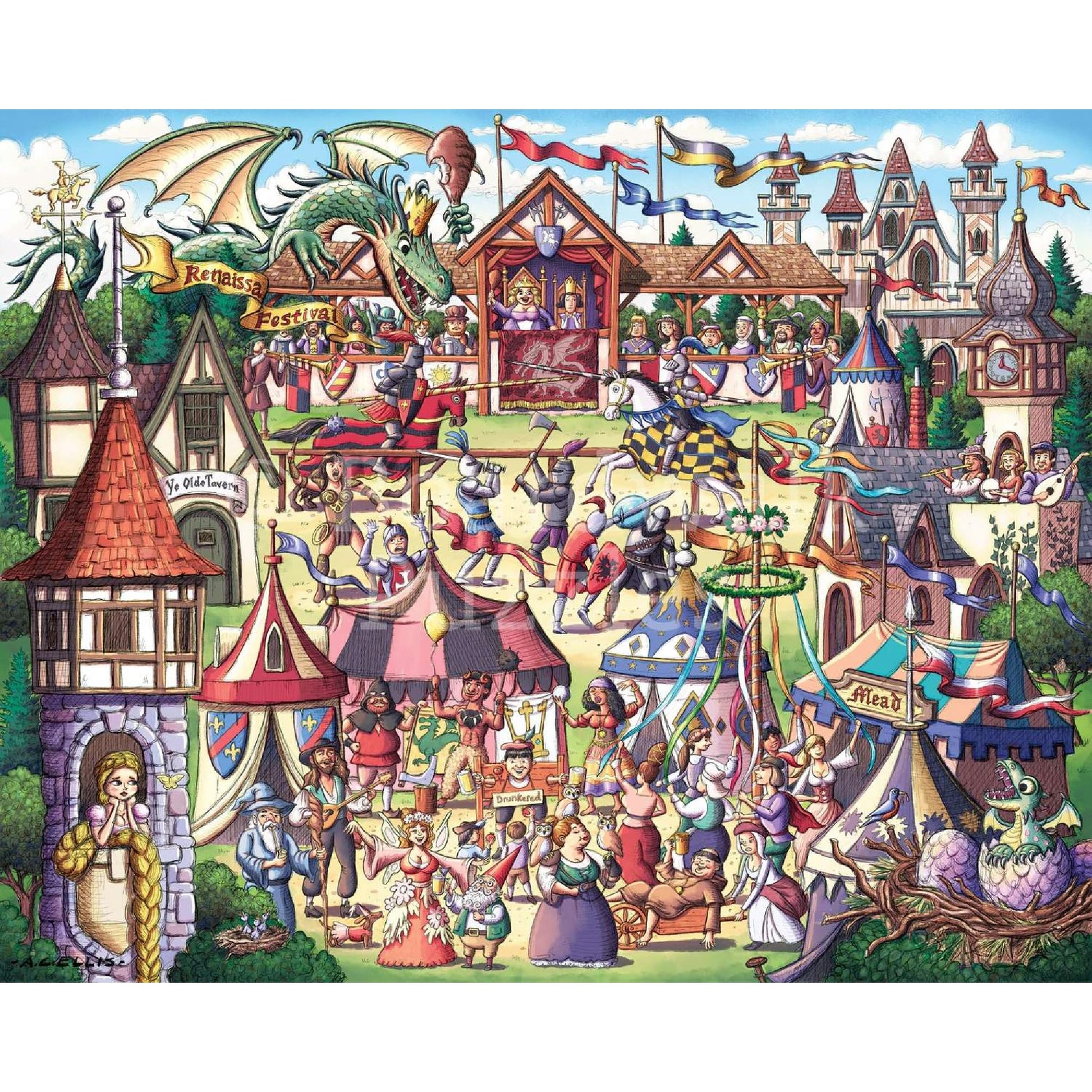 Boardwalk Renaissance Fair 1000 Piece Jigsaw Puzzle Medieval Fantasy Festival Puzzles with Premium Box, Gift for Adults and Family 19"x26"