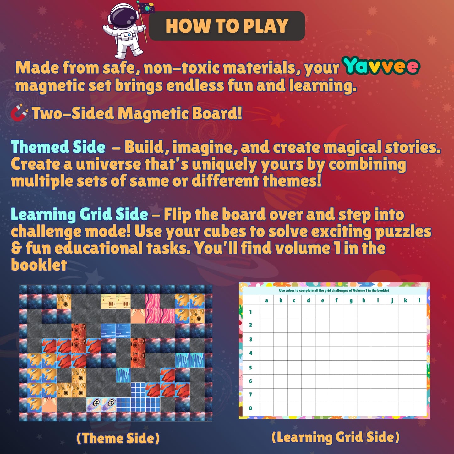 Yavvee 2-in-1 CubeQuest, 5 Figures, 100 Magnetic Building Cubes 0.8", 70+ Challenges & Dual-Sided Magnetic Theme Board, Magnetic Blocks Toy Building