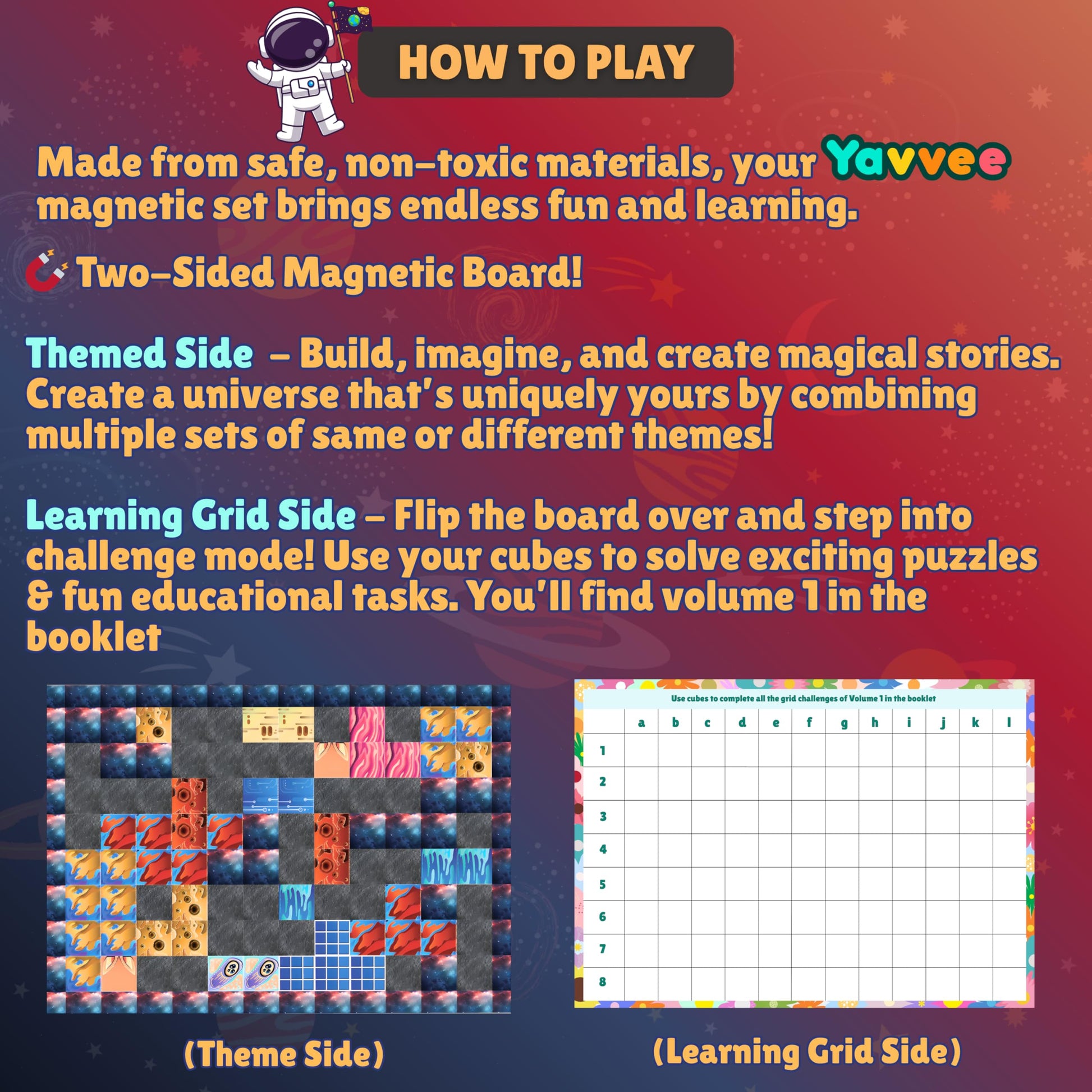 Yavvee 2-in-1 CubeQuest, 5 Figures, 100 Magnetic Building Cubes 0.8", 70+ Challenges & Dual-Sided Magnetic Theme Board, Magnetic Blocks Toy Building