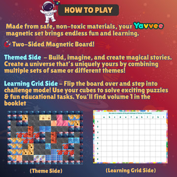 Yavvee 2-in-1 CubeQuest, 5 Figures, 100 Magnetic Building Cubes 0.8", 70+ Challenges & Dual-Sided Magnetic Theme Board, Magnetic Blocks Toy Building