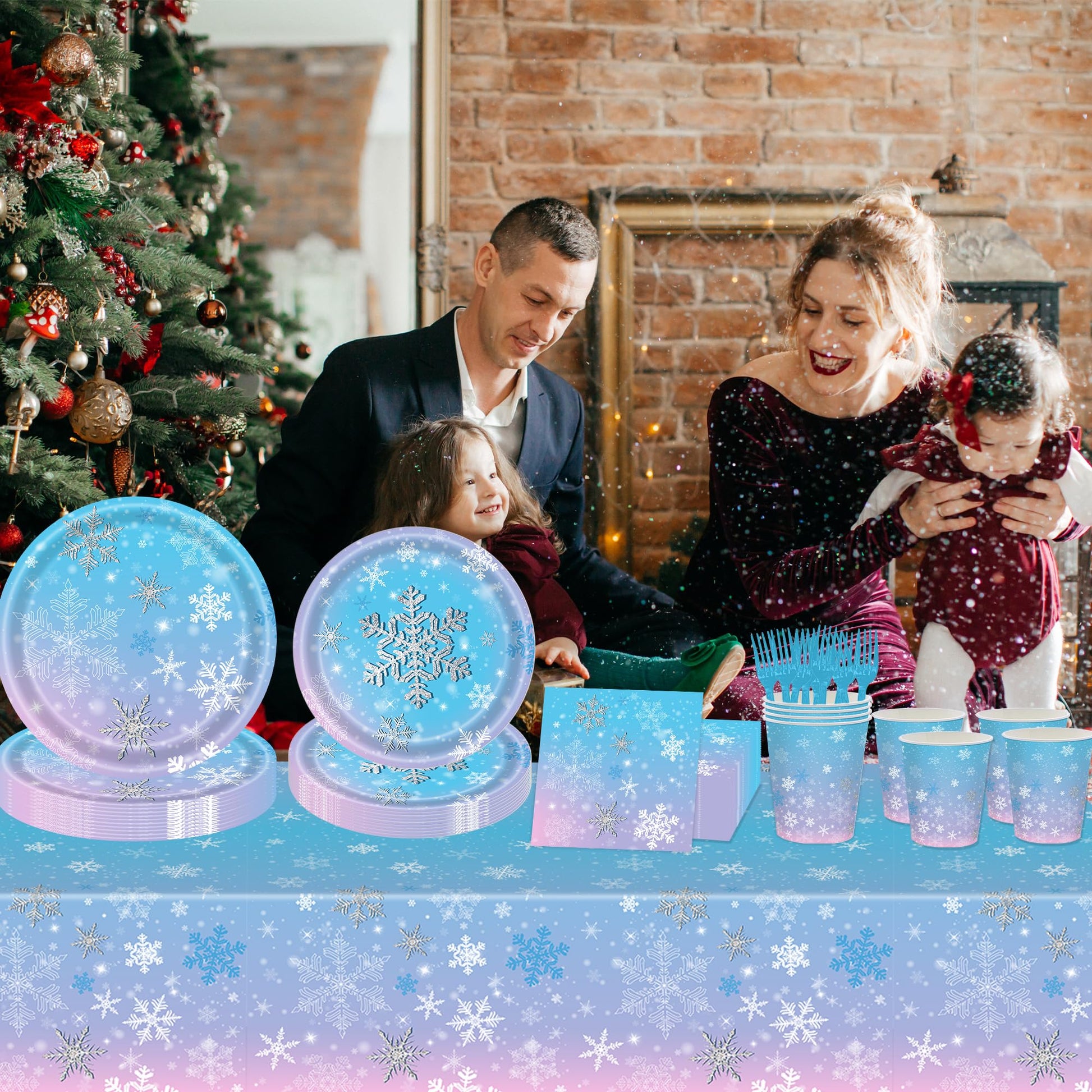 Xindtek 126 Pcs Frozen Birthday Party Supplies Disposable Winter Snowflake Paper Plates Napkins Cups Forks Tablecloth for Christmas Winter Wonderland