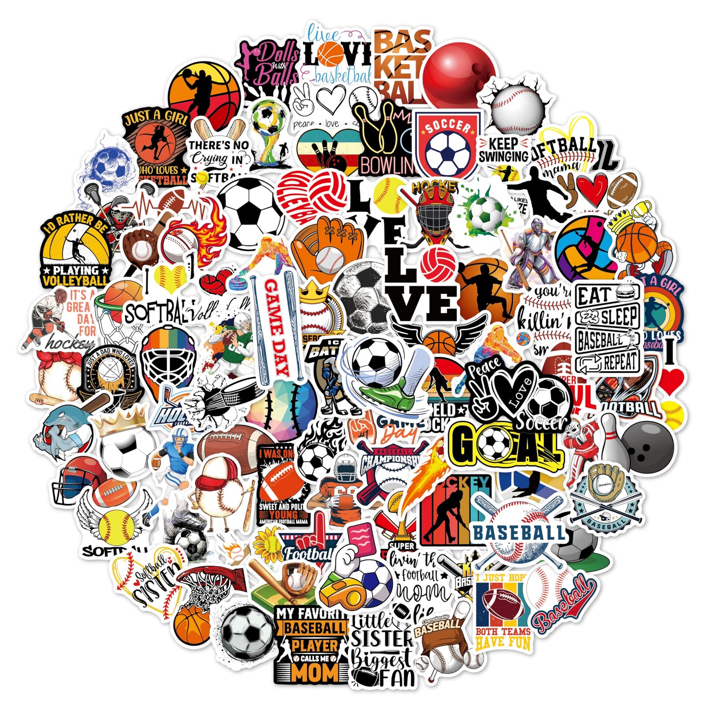 Aaon Sports Stickers (100pcs), Multicolor, Modern, Vinyl, Round, Sports, Soccer, for Water Bottle, Laptop, Car, Bicycle, Luggage, Kids' Room