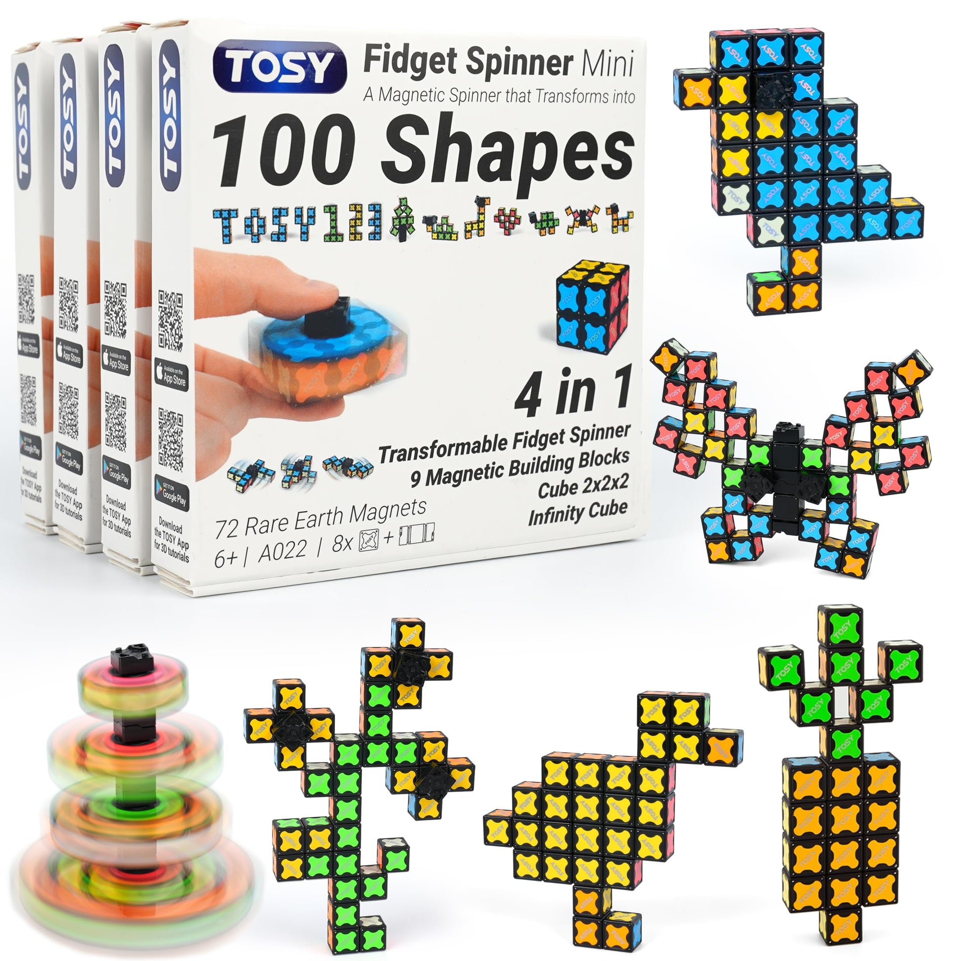 TOSY Magnet Fidget Spinner Mini - 8 Blocks, 3 in 1 Toy: Transformable Fidget Spinner, Infinity Cube, 2x2 Puzzle Cube, Stress Relief, STEM Magnet Tiles