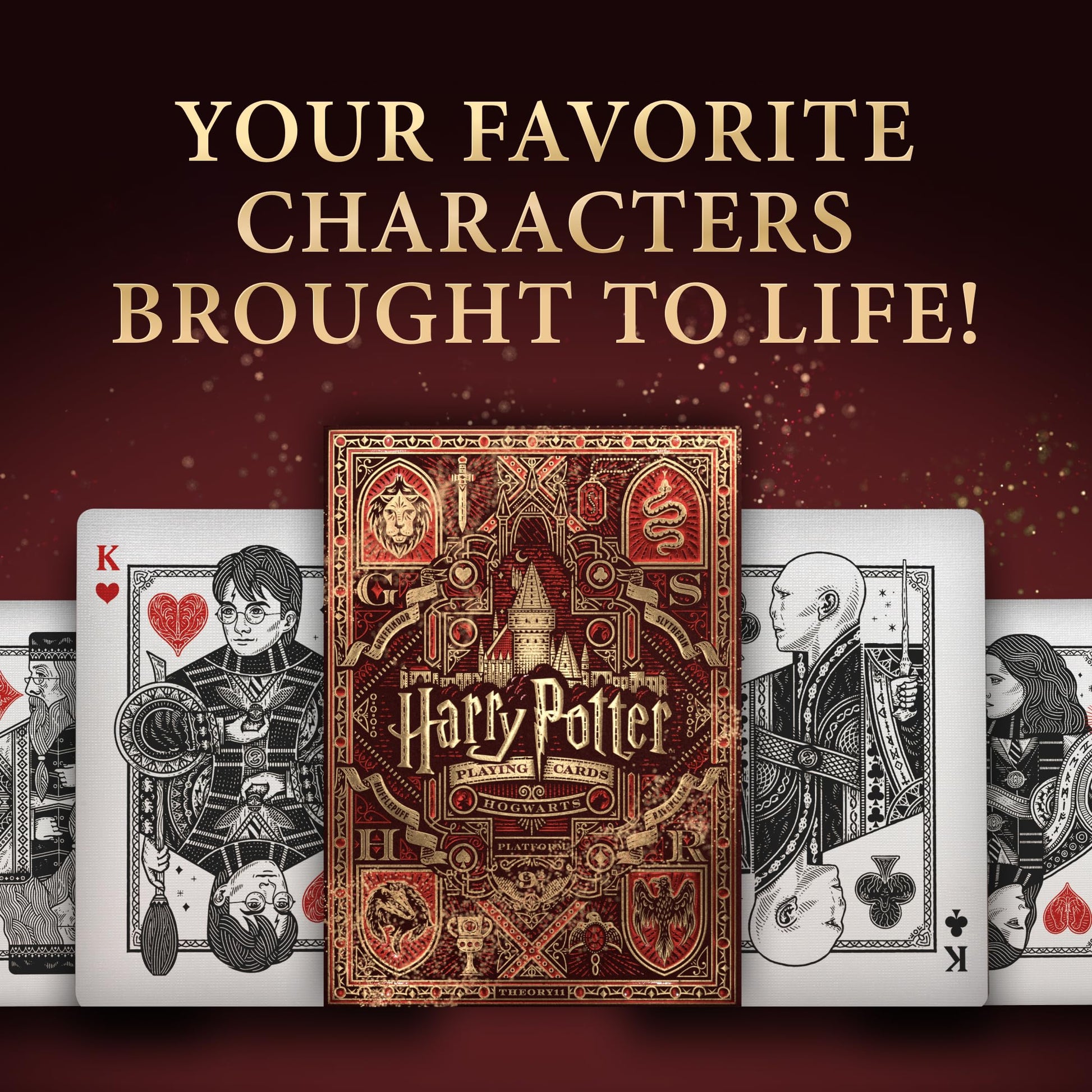 theory11 Harry Potter Playing Cards Red Gryffindor - Wizarding World Poker Deck with Gold Foil, Custom Artwork, Magic, Cardistry, Game Night Gift