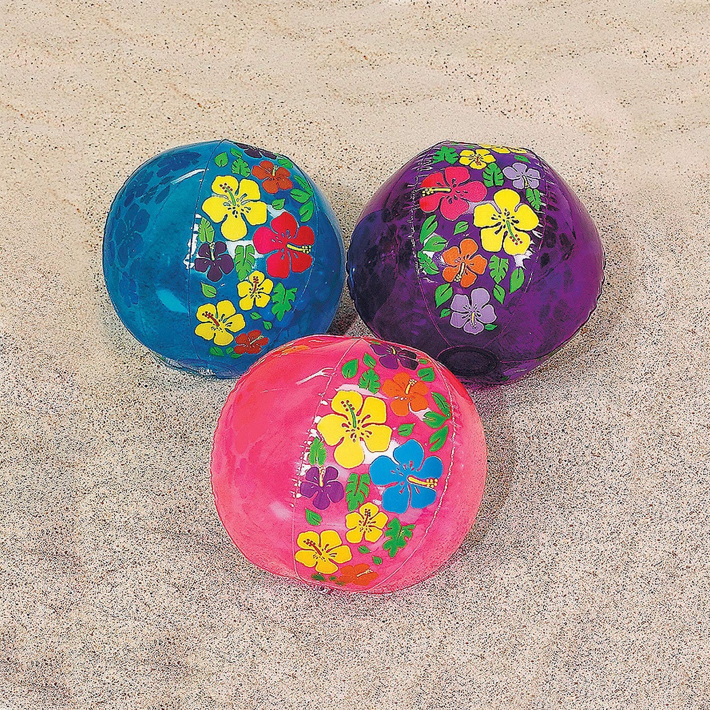 Fun Express Beach Ball 12 Pack - Mini Beach Ball Set for Pool Party & Hawaiian Party - Hibiscus Print Inflatable Beach Balls for Luau Tropical Tiki