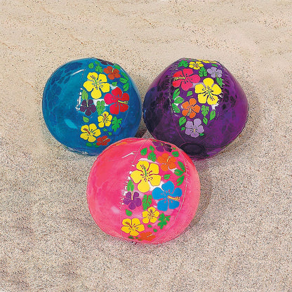 Fun Express Beach Ball 12 Pack - Mini Beach Ball Set for Pool Party & Hawaiian Party - Hibiscus Print Inflatable Beach Balls for Luau Tropical Tiki