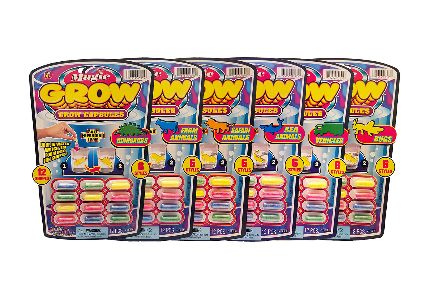 JA-RU Universal Specialties, Magic Grow Capsules 6 Pack, 72 Capsules Sea Creatures, Dinosaur, Animal Farm Toys. Water Growing Toys for Kids. Animal