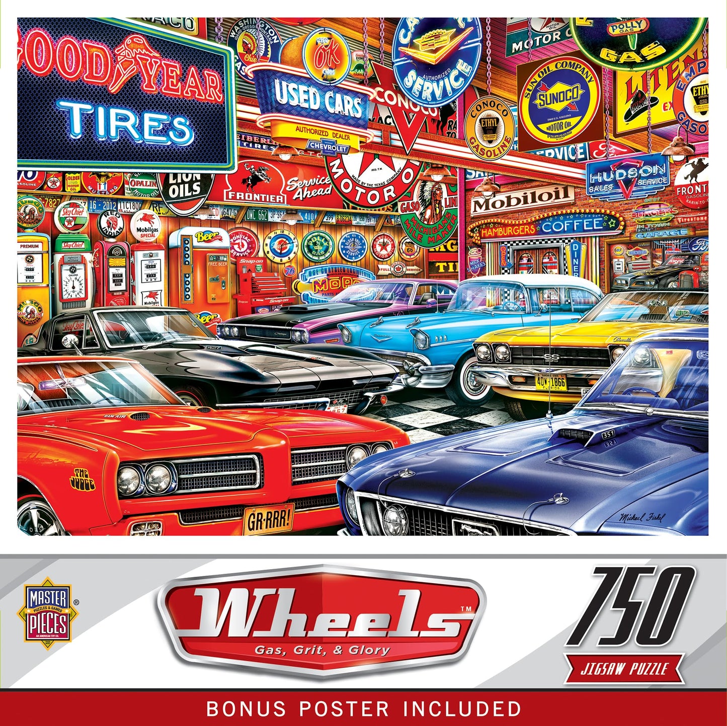 MasterPieces 750 Piece Jigsaw Puzzle, Gas Grit & Glory, 18"x24", Bold Graphics, Educational Puzzle, Automotive Theme, for Adults & Families