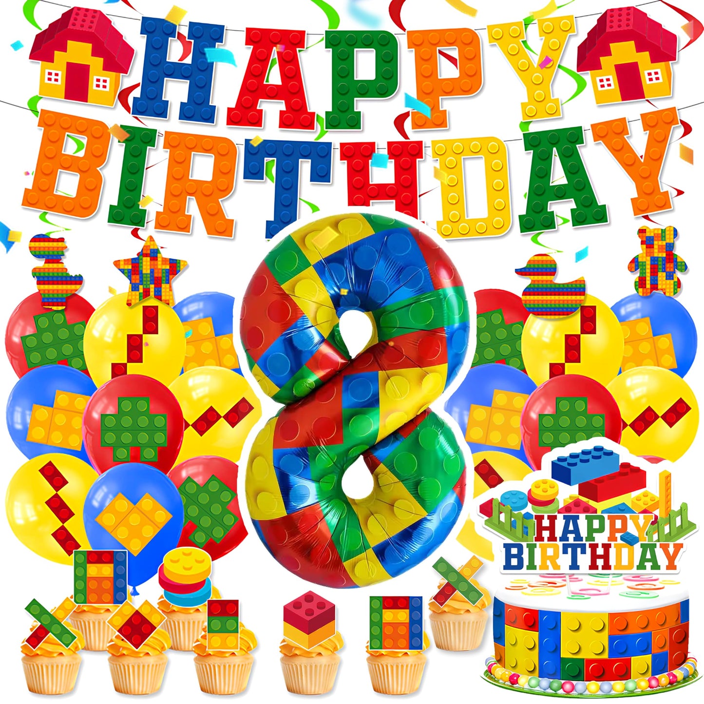 8th Birthday Decorations - Building Blocks Birthday Decorations 8 Year Old Boy - Party Kit: Number 8 Balloon, Banner, Cupcake & Cake Toppers, Balloons