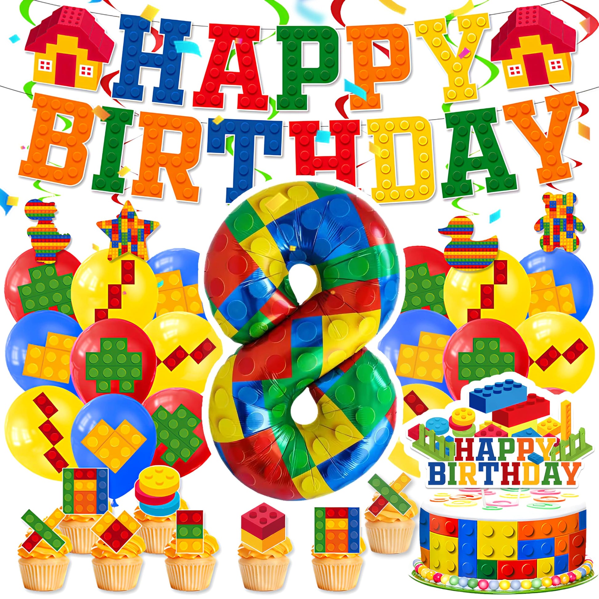 8th Birthday Decorations - Building Blocks Birthday Decorations 8 Year Old Boy - Party Kit: Number 8 Balloon, Banner, Cupcake & Cake Toppers, Balloons