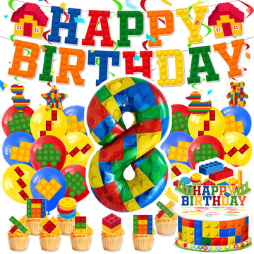 8th Birthday Decorations - Building Blocks Birthday Decorations 8 Year Old Boy - Party Kit: Number 8 Balloon, Banner, Cupcake & Cake Toppers, Balloons