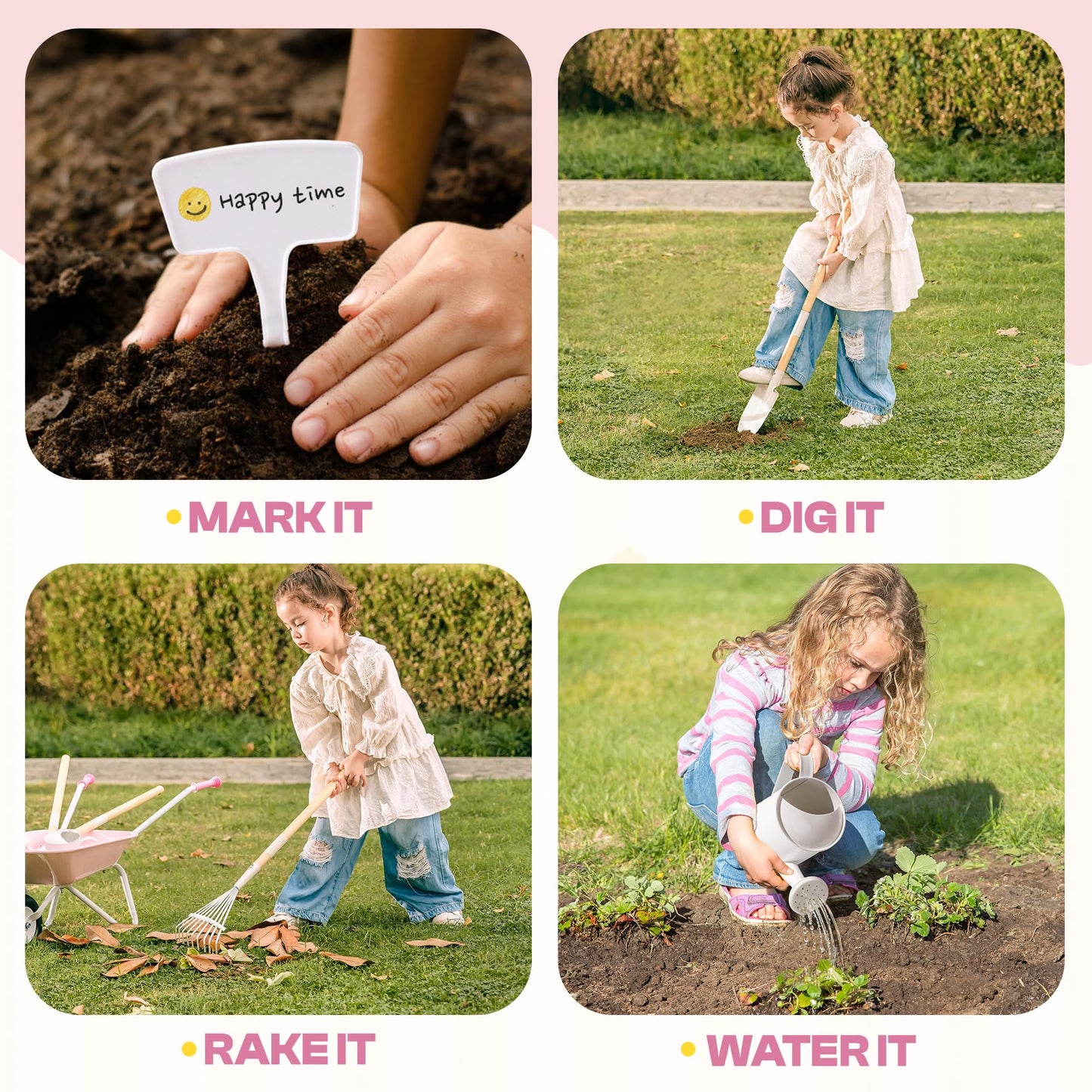 ROBOTIME Kids Wheelbarrow with Gardening Set - Metal Wheelbarrow Toddler Outdoor Play Toy with Garden Tools, Watering Can & Plant Labels, Pretend Play