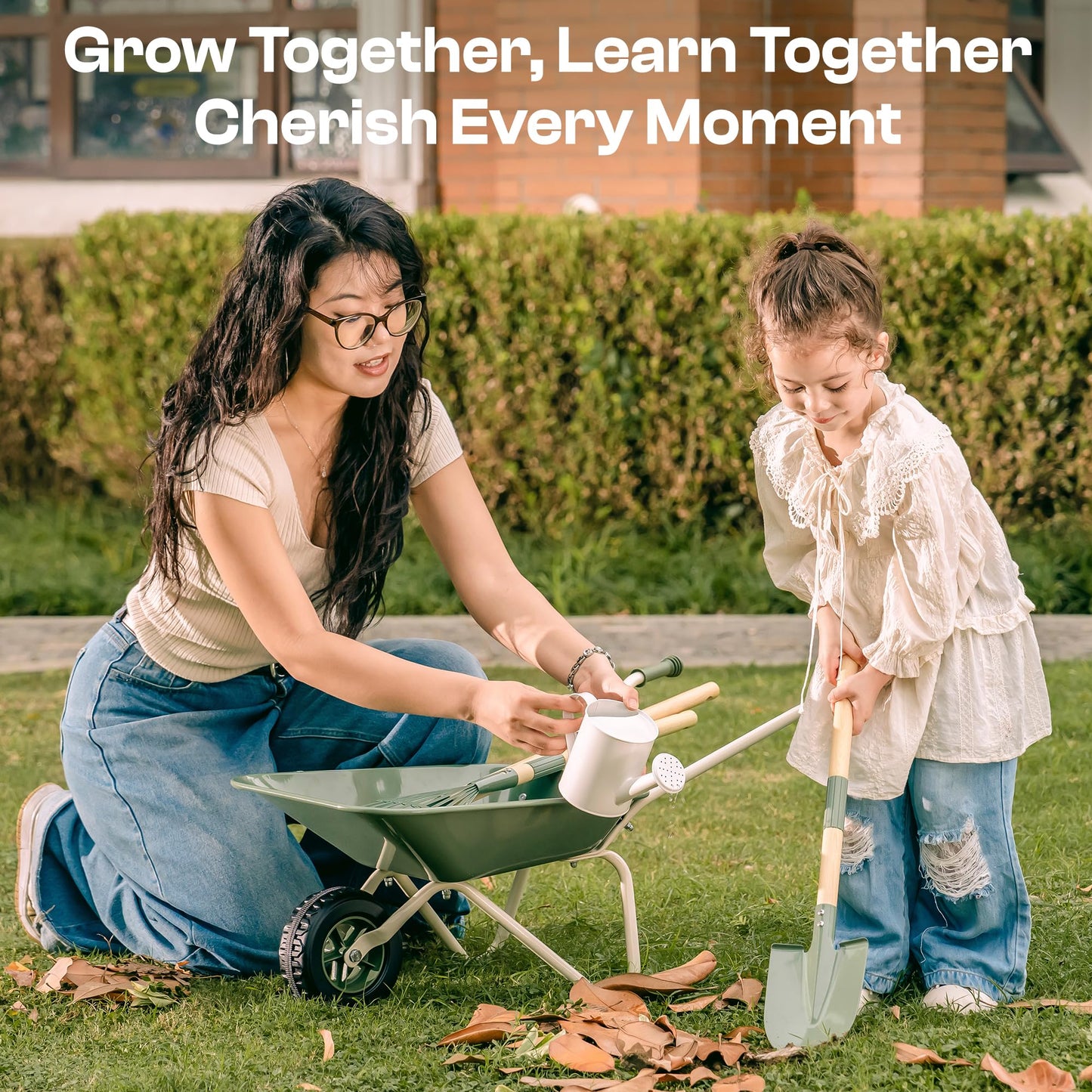 ROBOTIME Kids Wheelbarrow with Gardening Set - Metal Wheelbarrow Toddler Outdoor Play Toy with Garden Tools, Watering Can & Plant Labels, Pretend Play