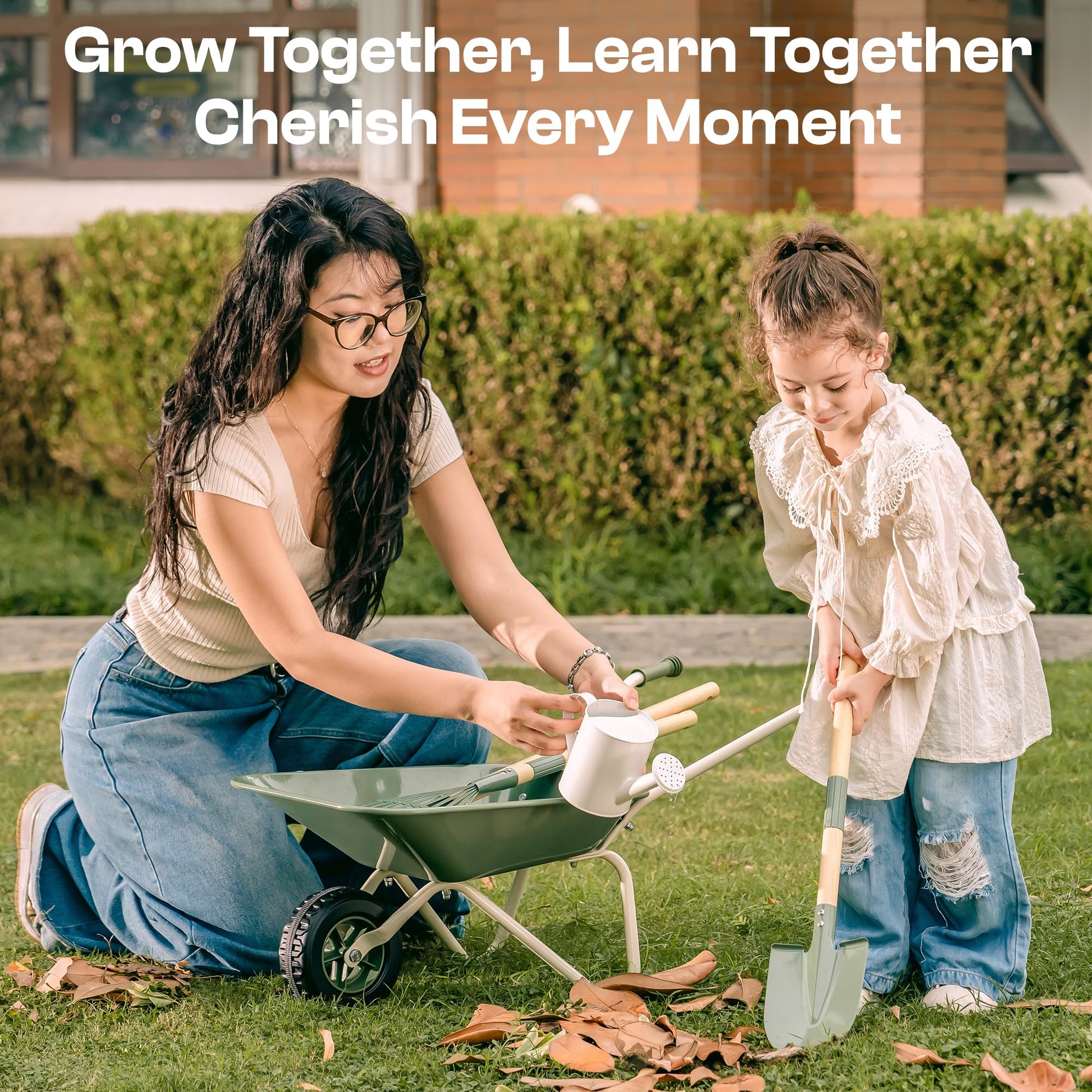 ROBOTIME Kids Wheelbarrow with Gardening Set - Metal Wheelbarrow Toddler Outdoor Play Toy with Garden Tools, Watering Can & Plant Labels, Pretend Play