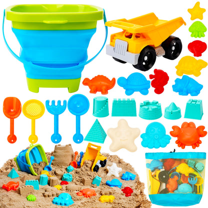 Sloosh Beach Sand Toys Set - Dump Truck Car Toy with Sand Molds for Toddlers Outdoor Play, Collapsible Foldable Buckets Mesh Bag Shovels Castle Animal