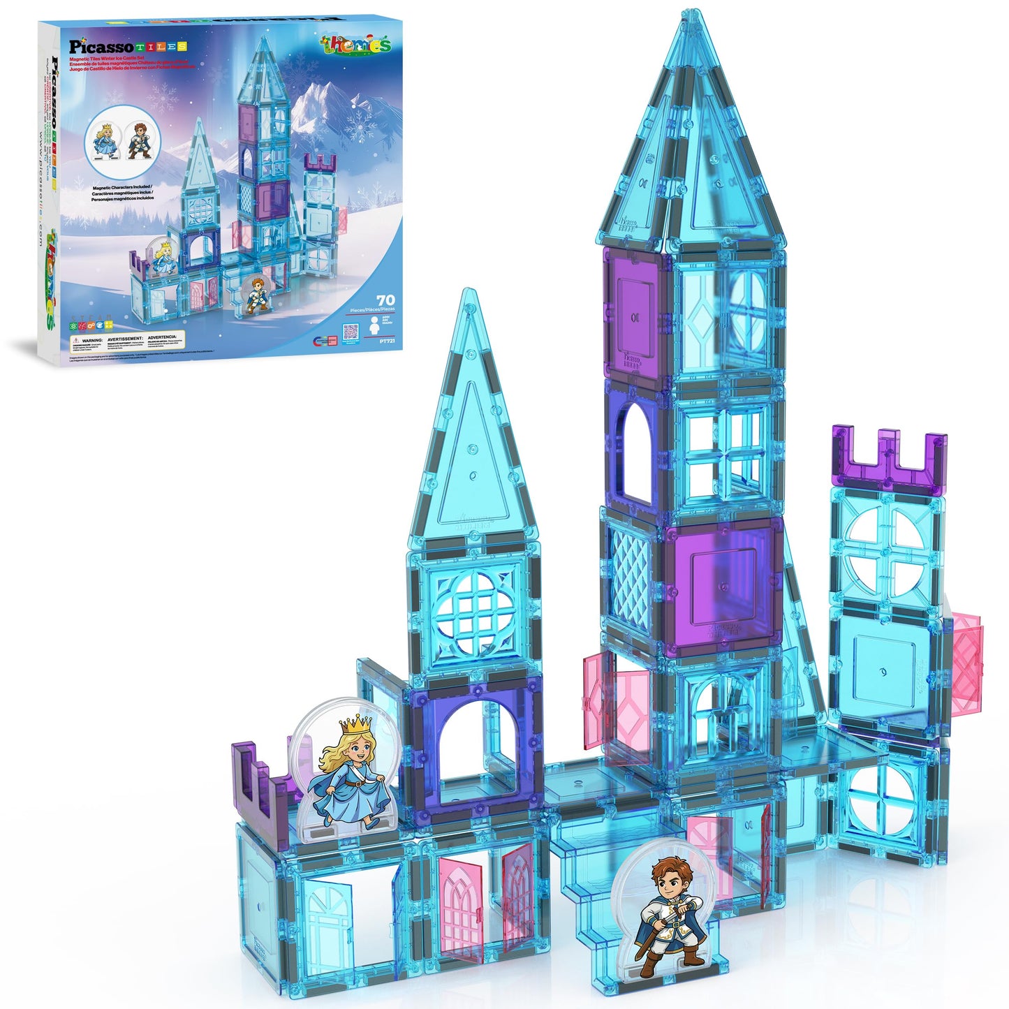 PicassoTiles 70pc Magnetic Tiles Winter Ice Castle Construction Magnet Tile Block Set with Princess Prince Characters Stair Case Windows Doors Pretend