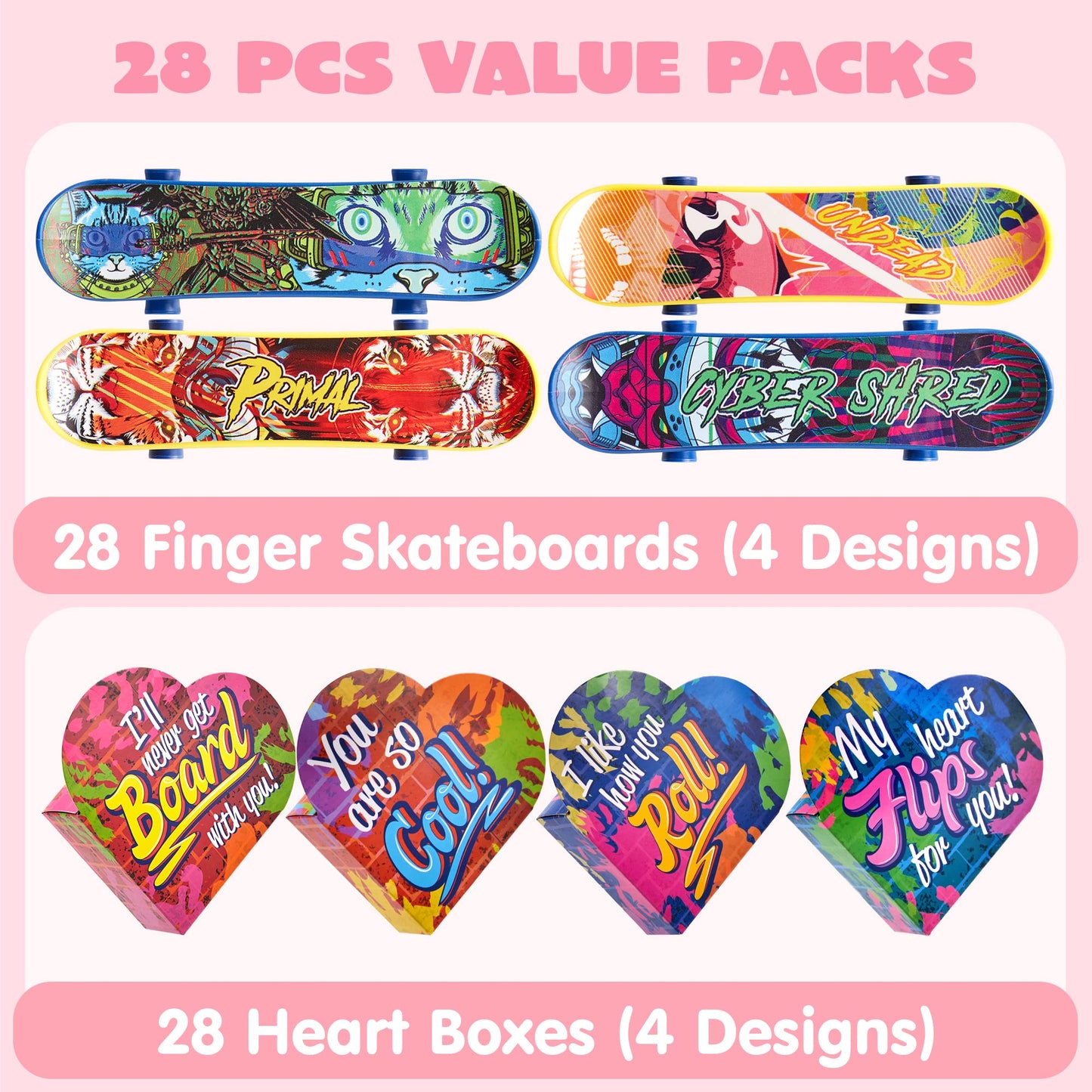 JOYIN 28 Packs Valentine's Day Finger Skateboards with Heart Boxes, Valentine Party Favor, Stress Relief Toys, Classroom Exchange Gifts, Holiday