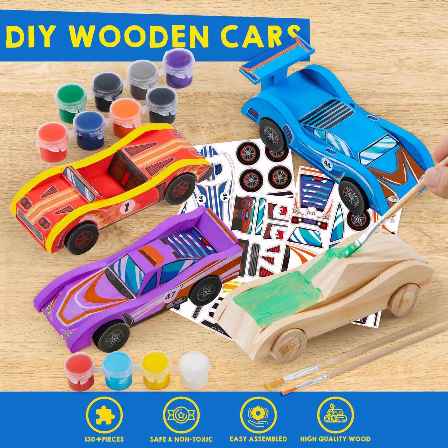 Klever Kits 4 DIY Wooden Race Cars-Build & Paint Your Own Wood Craft Kit, 4 Race Cars Toy, Easy to Assemble Arts Crafts Kit, Birthday Party Presents