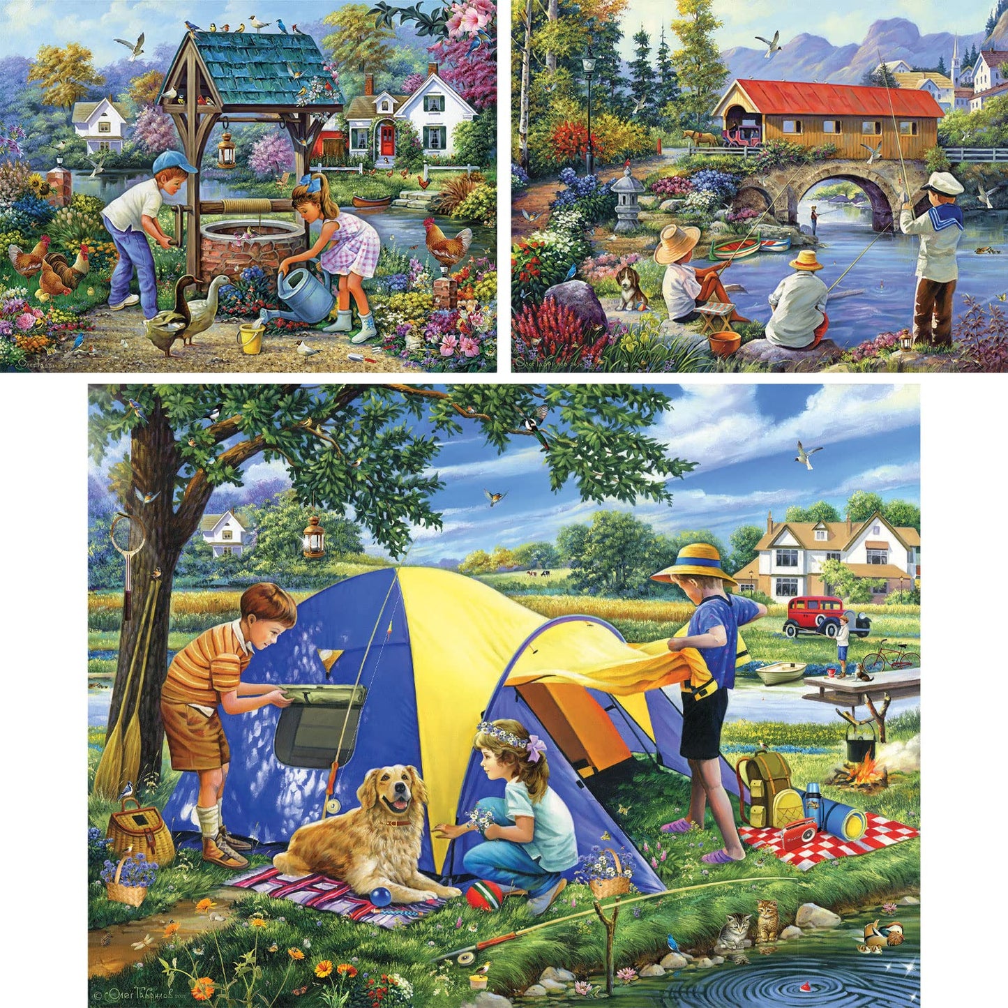 Bits and Pieces - Value Set of Three (3)- 300 pc Summer in The Village, Fishing by A Covered Bridge, Camping Close to Home Jigsaw Puzzle for Adults by