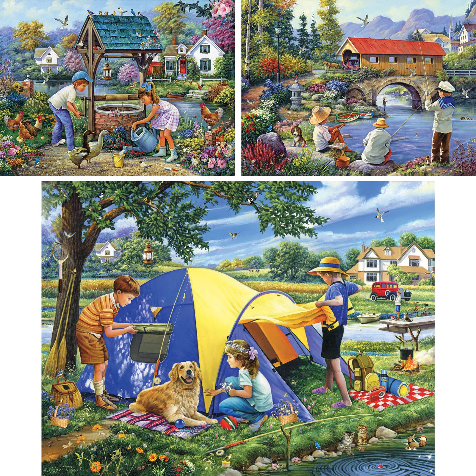 Bits and Pieces - Value Set of Three (3)- 300 pc Summer in The Village, Fishing by A Covered Bridge, Camping Close to Home Jigsaw Puzzle for Adults by
