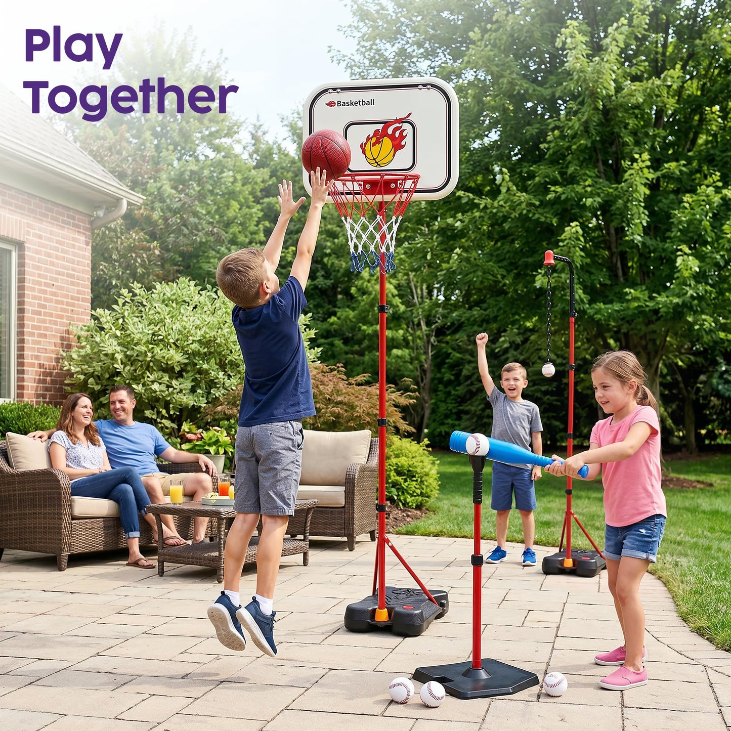 Kids Basketball Hoop Set with T Ball Stand, 4 in 1 Adjustable Kids Sports Toy Indoor Outdoor, Basketball Goal for Kids 2 to 8, Easy Setup, Durable