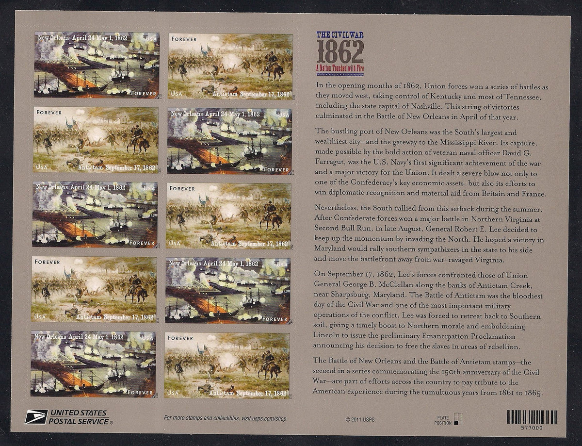 The Civil War 1862 A Nation Touched with Fire (Sheet of 12) New Orleans & Antietam War Between The States First-Class Mail Forever Postage Stamps 2012
