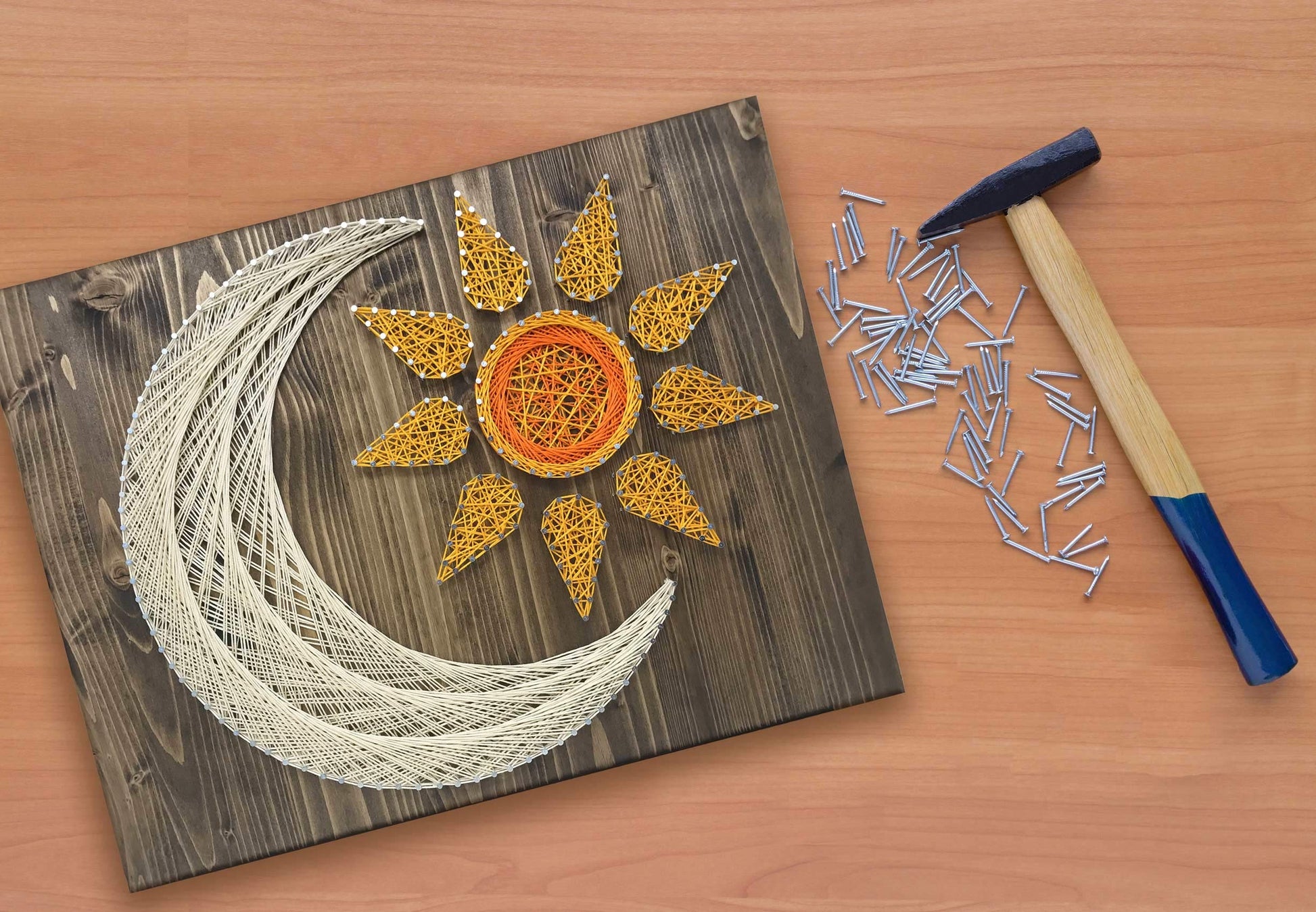 String of the Art Sun and Moon String Art Kit, American Made DIY Craft Kit for Adults, Stained Pine Wood (16" x 12"), Embroidery Floss, Beginner