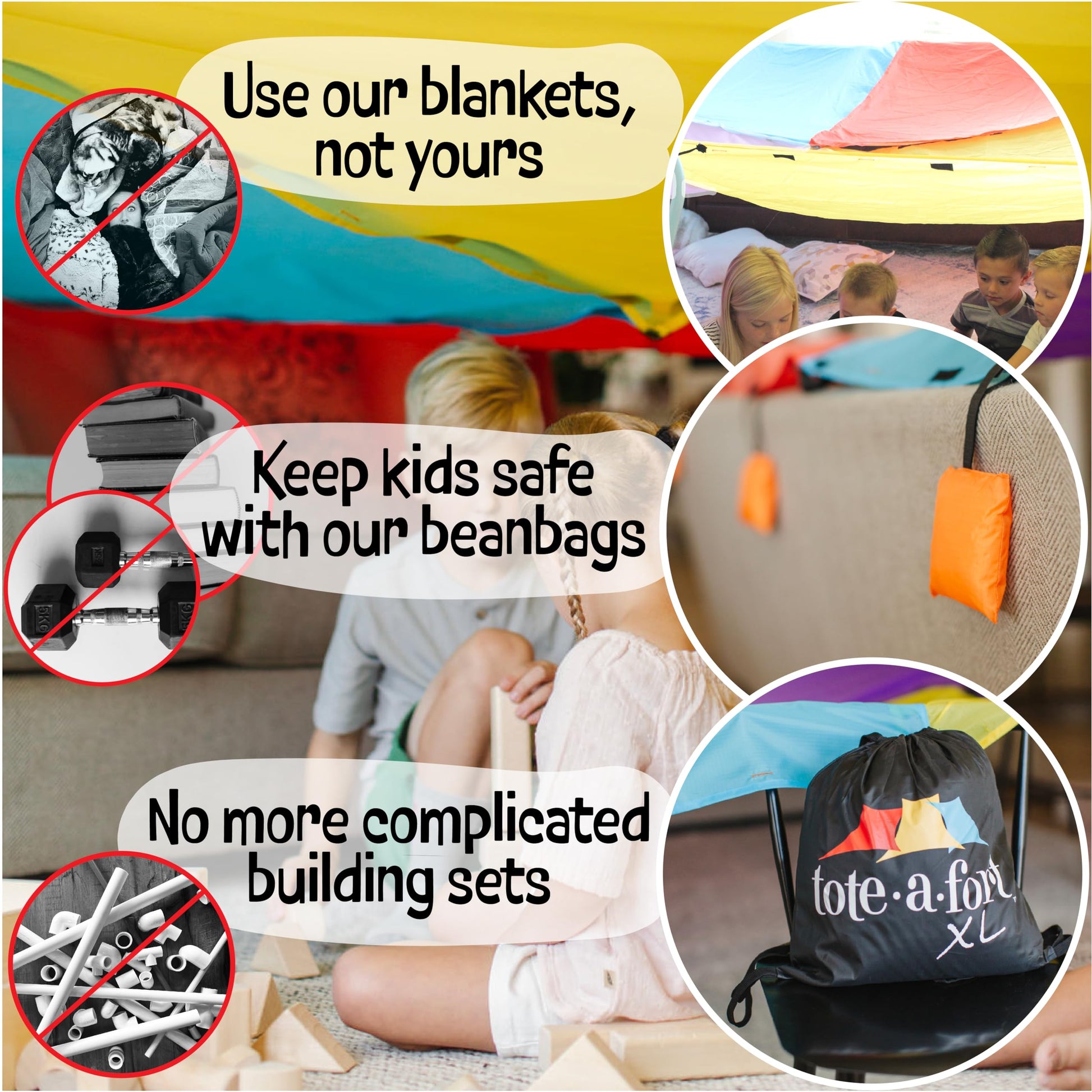 Tote a Fort Original XL Blanket Fort Building Kit - Portable Playhouse Play Tent Fort - Indoor & Outdoor Toy Set for Ages 4-12+ - STEM Toy - 4 Blanket