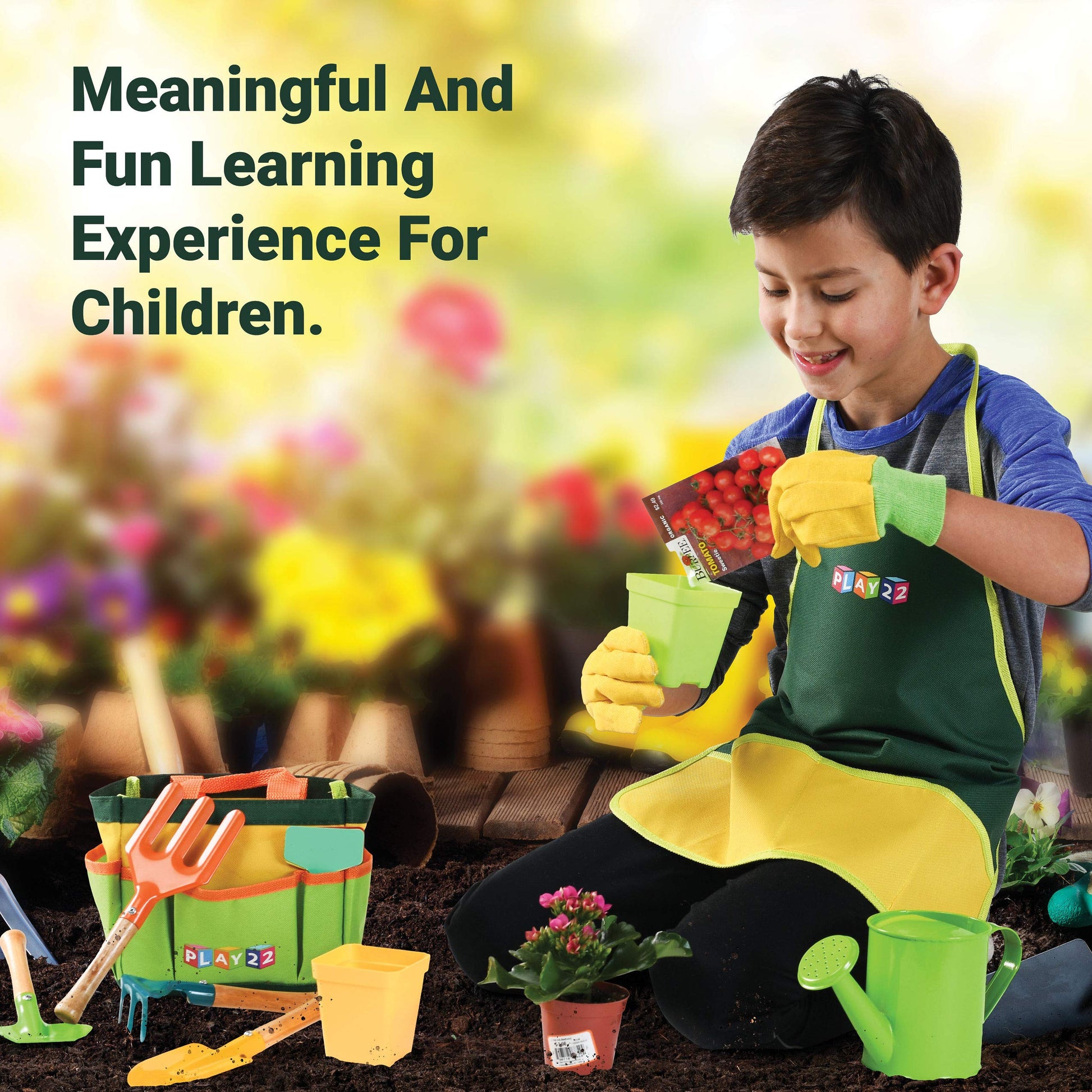 Play22 Kids Gardening Tool Set 12 PCS - Kids Gardening Tools Shovel Rake Fork Trowel Apron Gloves Watering Can and Tote Bag, Toddler Gardening Tools