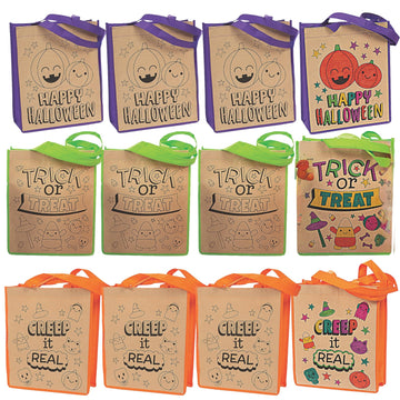 Fun Express 12 - Color Your Own Halloween Craft Tote Bag - Crafts for Kids and Fun Home Activities - Reusable Treat Bags Halloween Party Crafts Favor