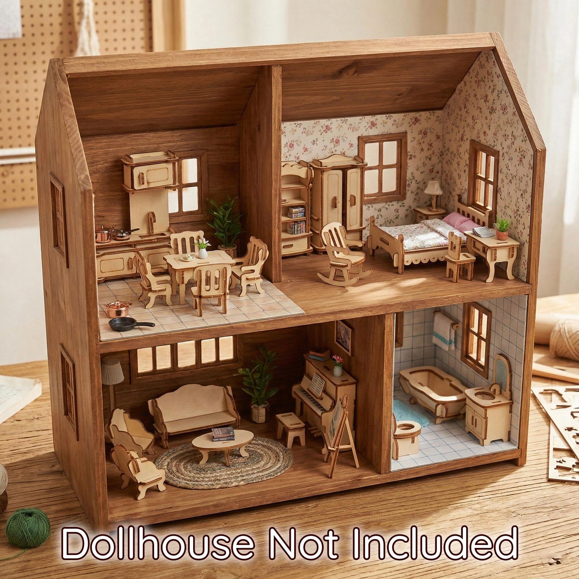 BOHS 34-Piece Dollhouse Furniture Set -1/24 Scale, Laser Cut Wooden 3D Puzzles - Miniature Doll House DIY Models and Accessories