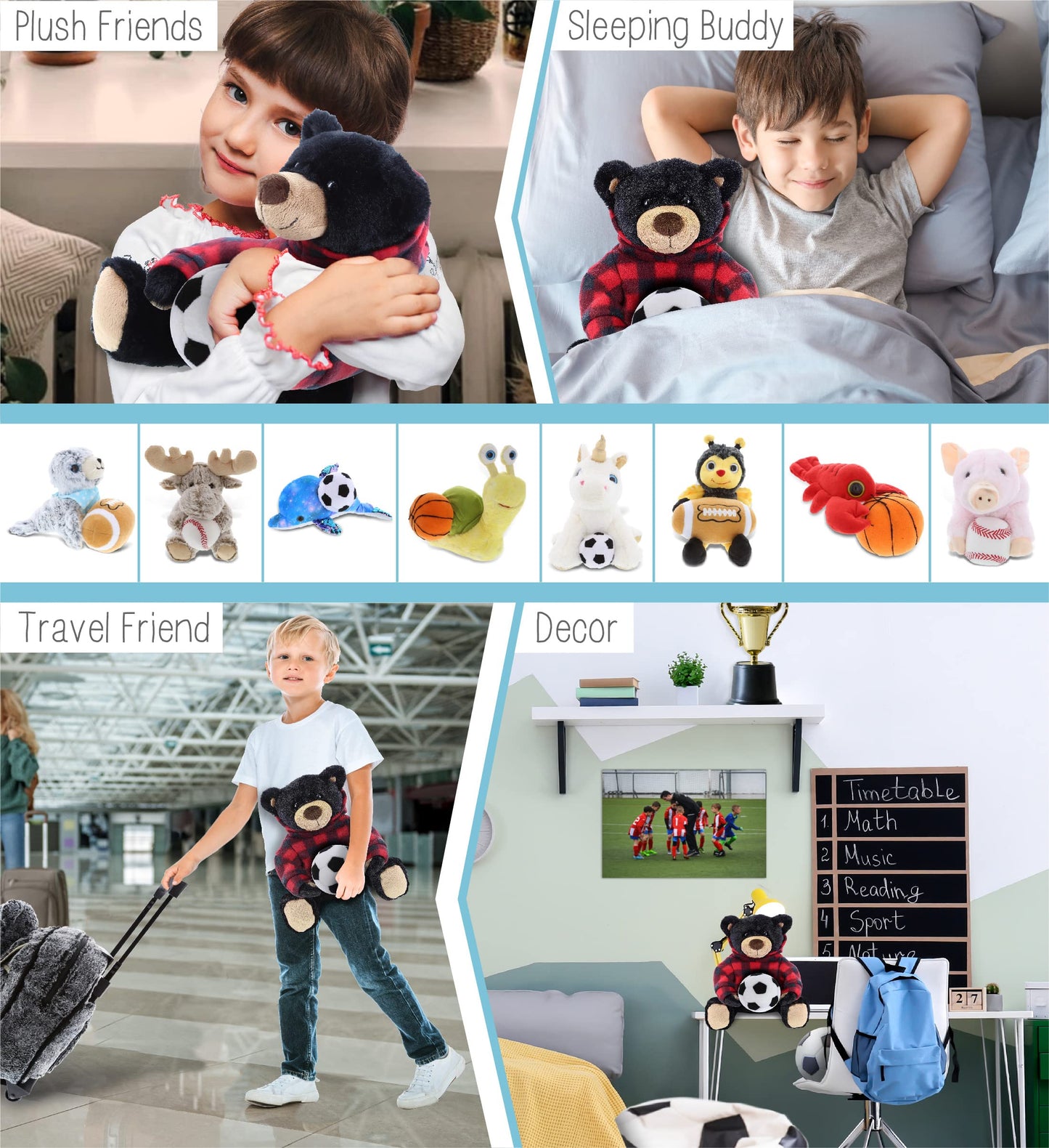 DolliBu Black Bear Stuffed Animal with Soccer Ball Plush and Red Plaid Hoodie - Super Soft Teddy Bear Plush Toy, Cute Wildlife Gift for Kids