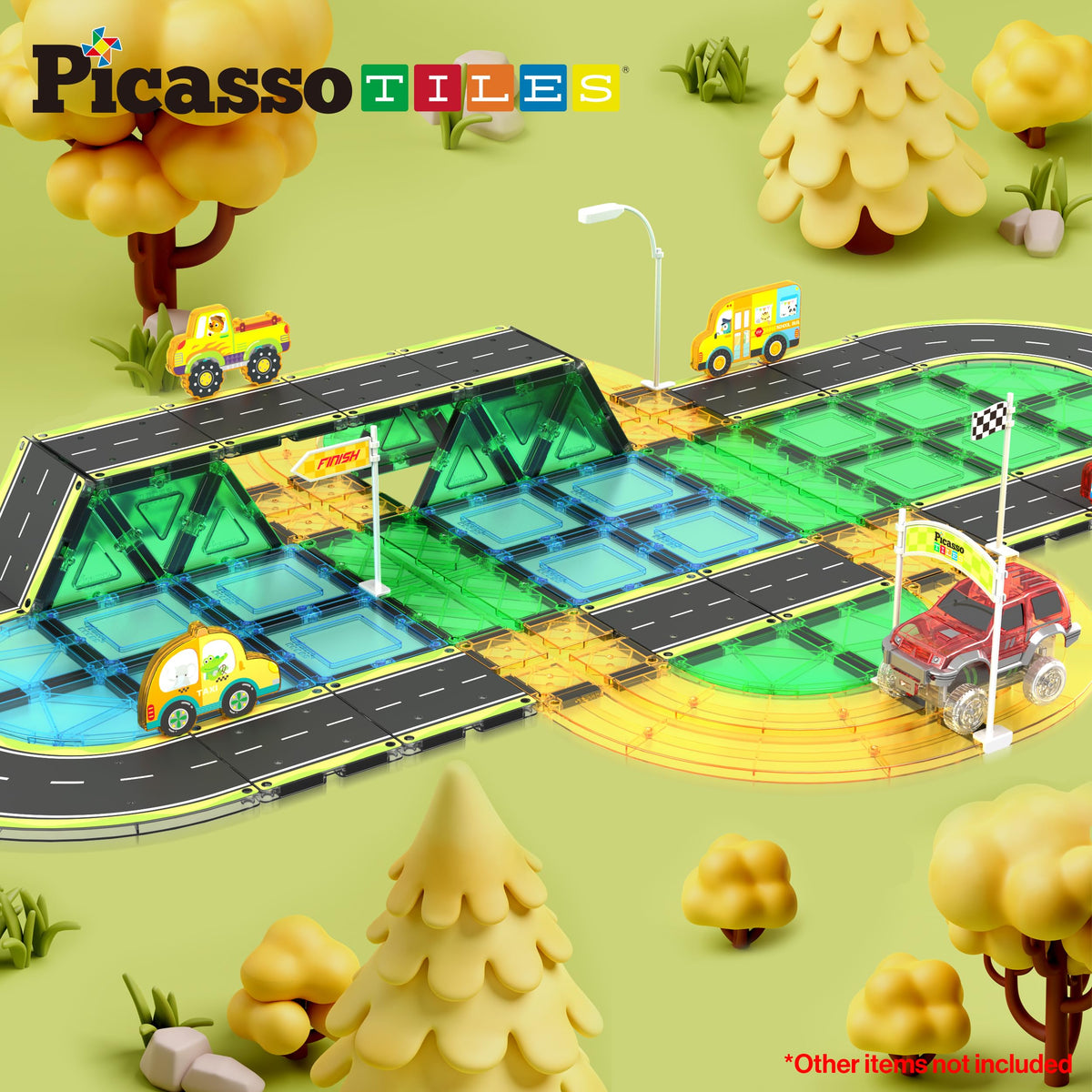 PicassoTiles Magnetic Building Tiles Car Track Magnet Vehicle Adventure Theme Printed Street Road Runway Speedway Highway Block Construction Expansion