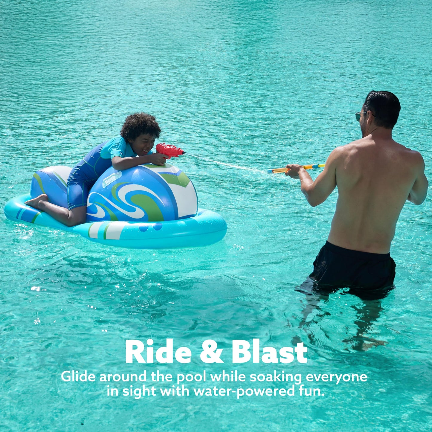SLOOSH Inflatable Jet Ski Pool Floats Kids, Pool Floaties with Water Gun, Water Fight Toys, Inflatable Battle Blaster Fun for Summer(Blue)