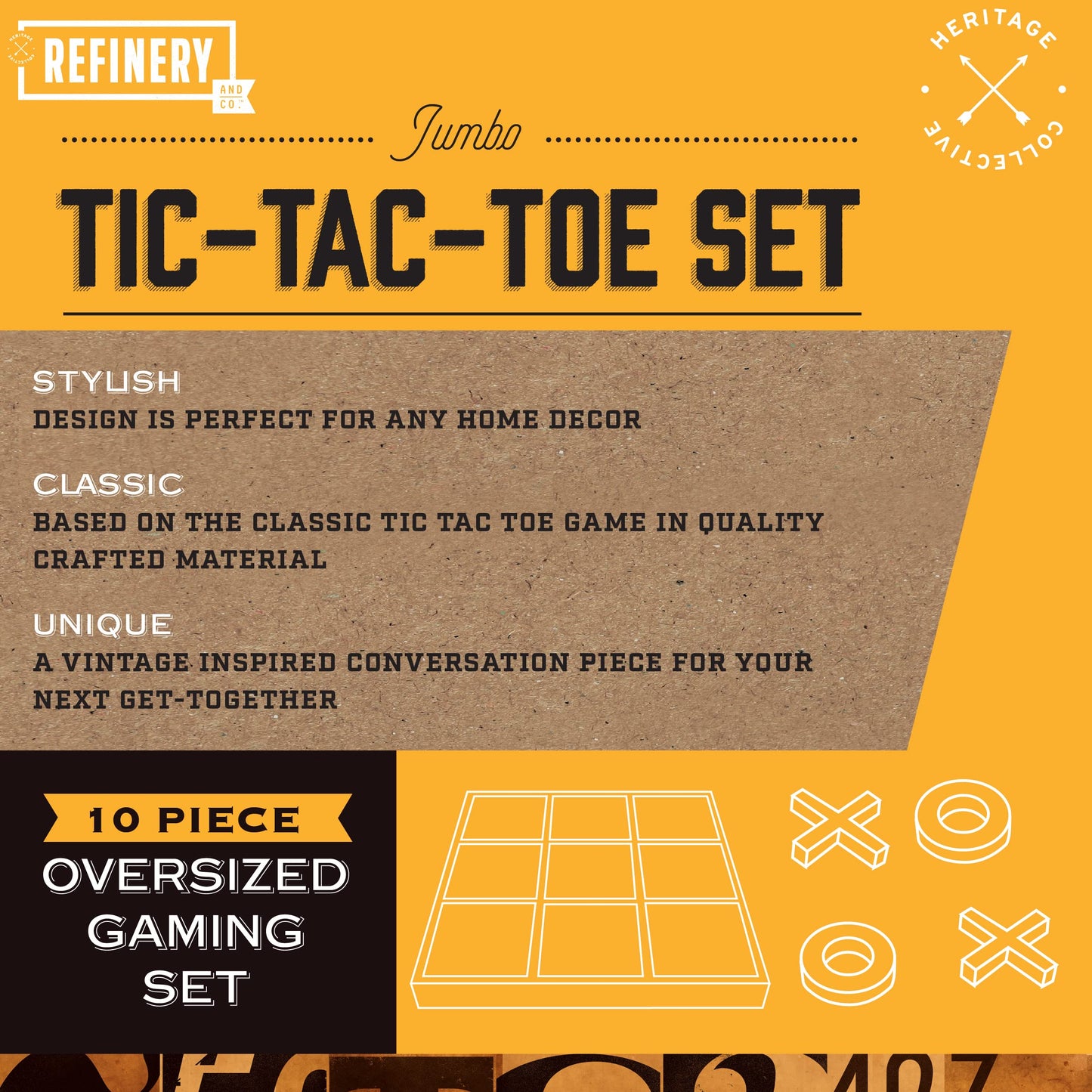 Refinery Premium Solid Wood Tic-Tac-Toe Board Game, Giant Gold 14” Coffee Table Home Decor, Classic Indoor/Outdoor Party Game for Children & Adults