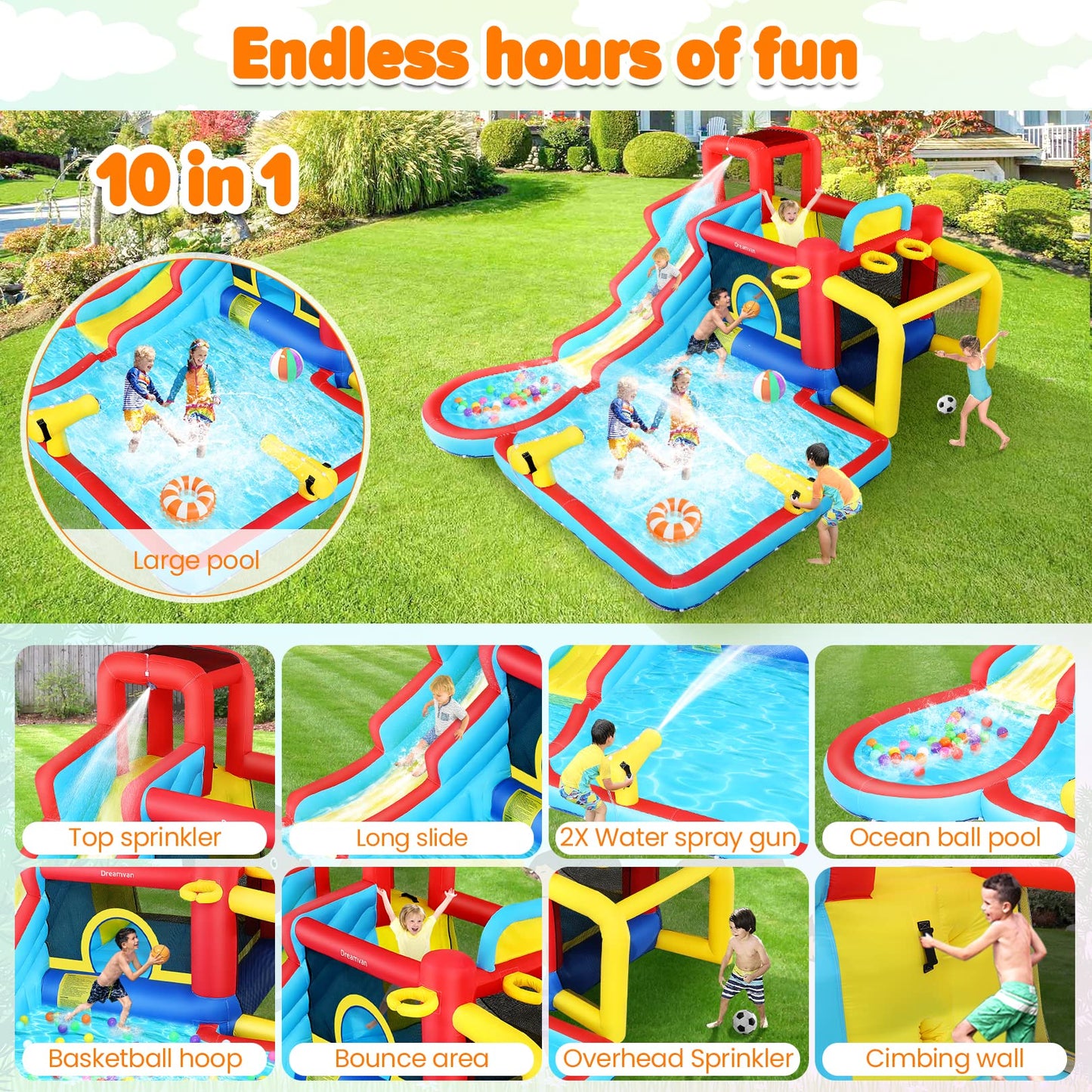 WHUBEFY Bounce House,Inflatable Water Slide Bounce Castle with Blower for Kids 3-12,Outdoor/Indoor Bouncy House Water Park for Backyard with 2 Splash