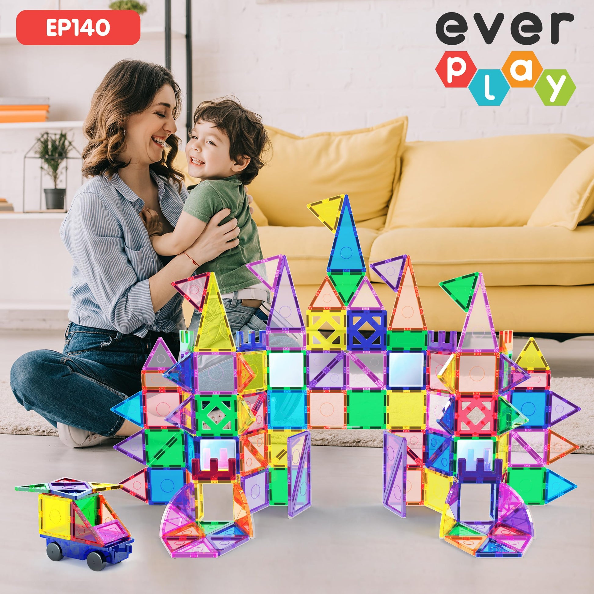 Everplay 140 pc Castle Rocket Magnetic Tiles with Car Set Building Block Toys STEM Educational Learning Magnet Toy Preschool Montessori Boys & Girls