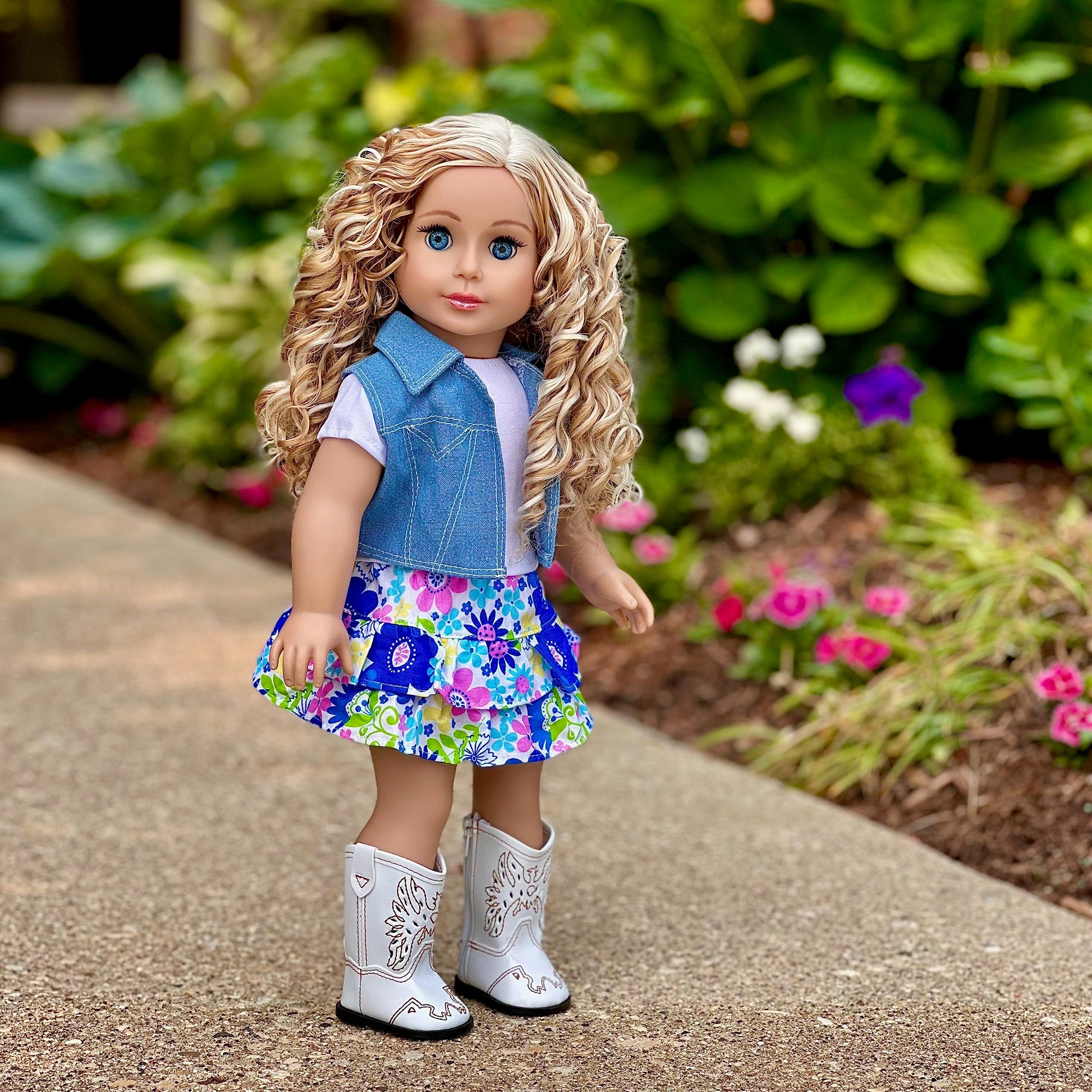 Feeling Happy - 4 Piece Outfit - Skirt, White T-Shirt, Blue Jeans Vest and White Cowgirl Boots - Clothes Fits 18 Inch Doll (Doll Not Included)
