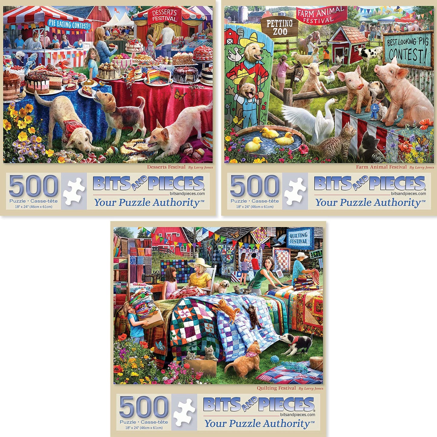 Bits and Pieces - Value Set of Three Jigsaw Puzzles for Adults - Desserts, Farm Animals & Quilting Festival by Larry Jones - Random Die-Cut Pieces