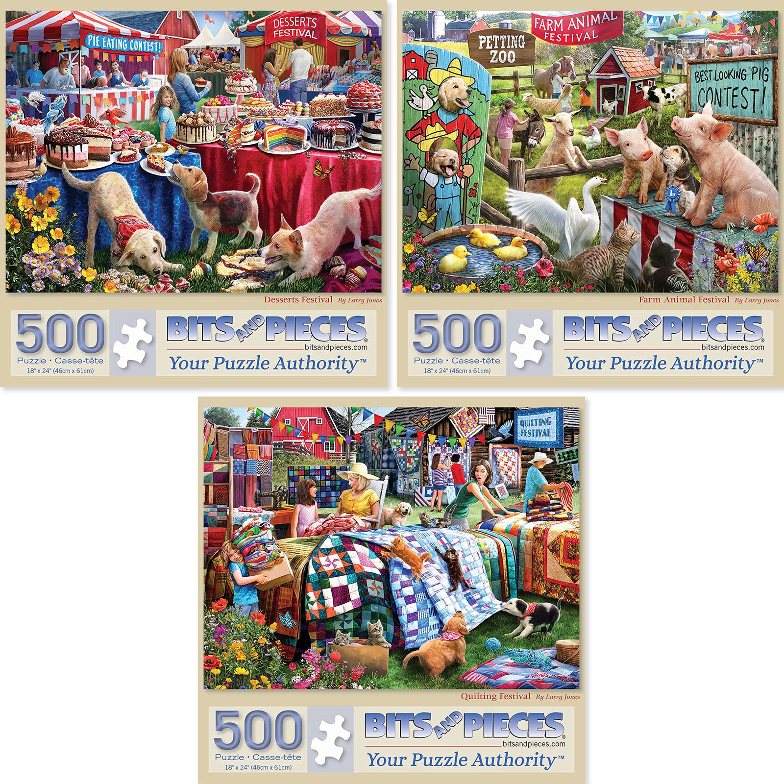 Bits and Pieces - Value Set of Three Jigsaw Puzzles for Adults - Desserts, Farm Animals & Quilting Festival by Larry Jones - Random Die-Cut Pieces