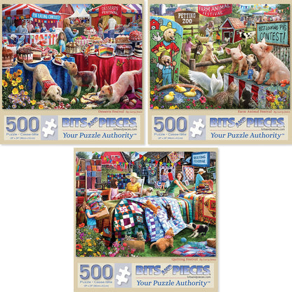 Bits and Pieces - Value Set of Three Jigsaw Puzzles for Adults - Desserts, Farm Animals & Quilting Festival by Larry Jones - Random Die-Cut Pieces