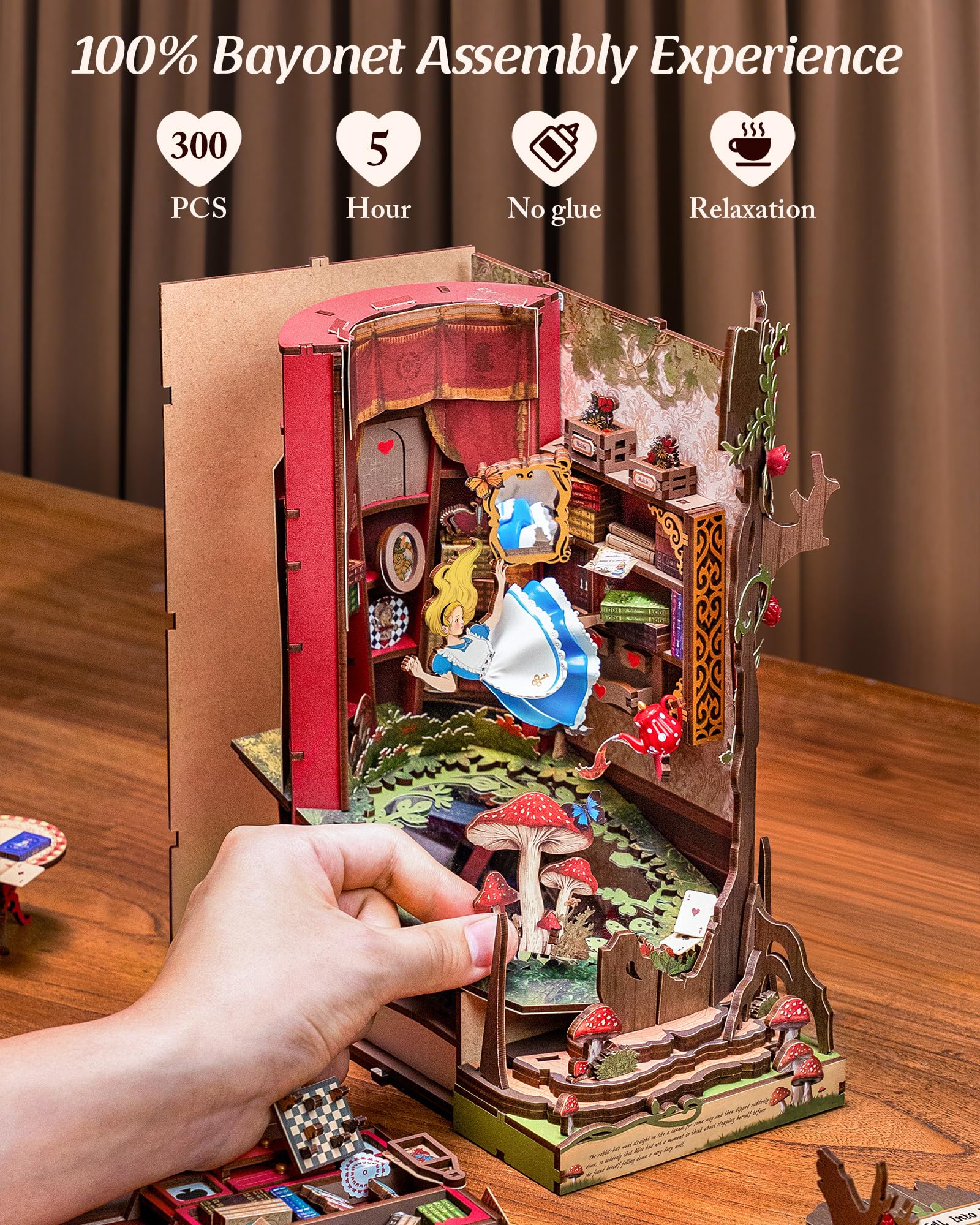 ROBOTIME Book Nook Kits Fall into Wonder, Miniature House Decorative Bookend with LED Light, Fantasy Fairy Tale Bookshelf Decor, DIY Wooden Craft