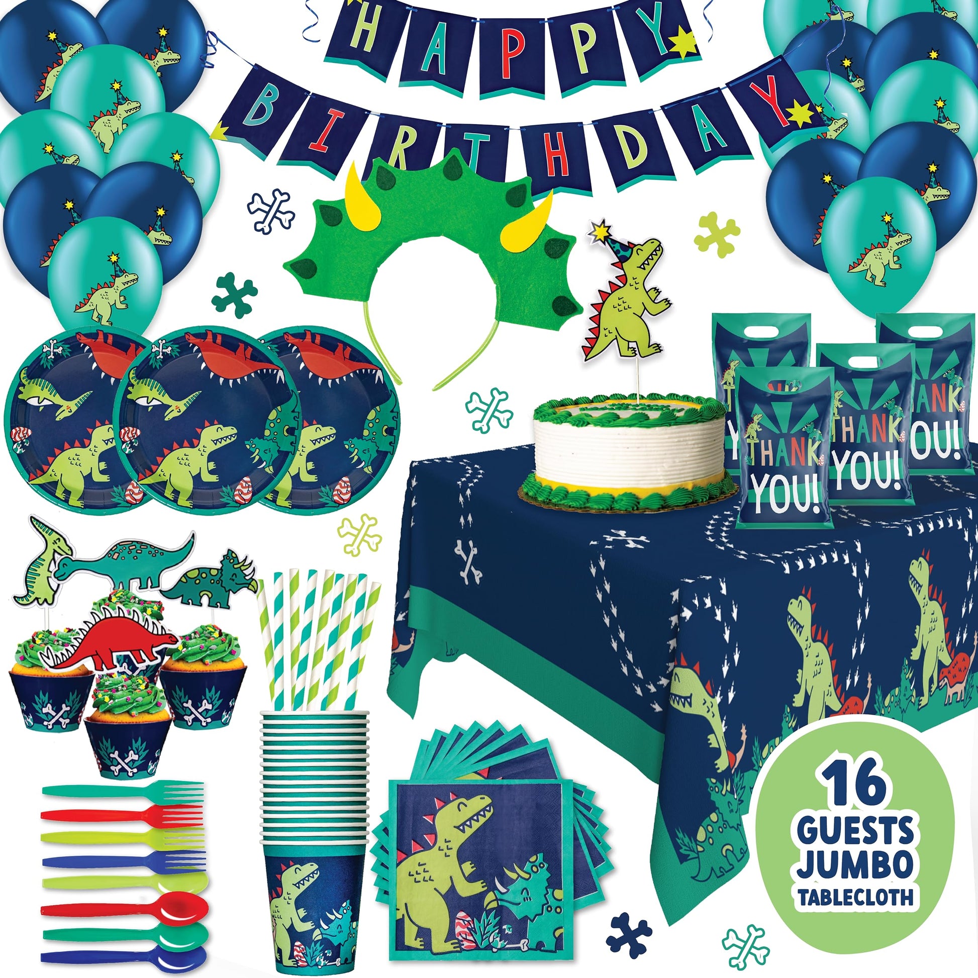 ecoZen Dinosaur Birthday Party Decorations - Jurassic Park Themed Supplies for 16 Guests, Includes Dino Plates, Cups, Napkins, Banner, Cutlery