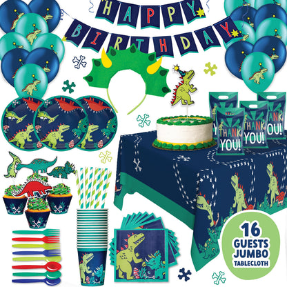 ecoZen Dinosaur Birthday Party Decorations - Jurassic Park Themed Supplies for 16 Guests, Includes Dino Plates, Cups, Napkins, Banner, Cutlery