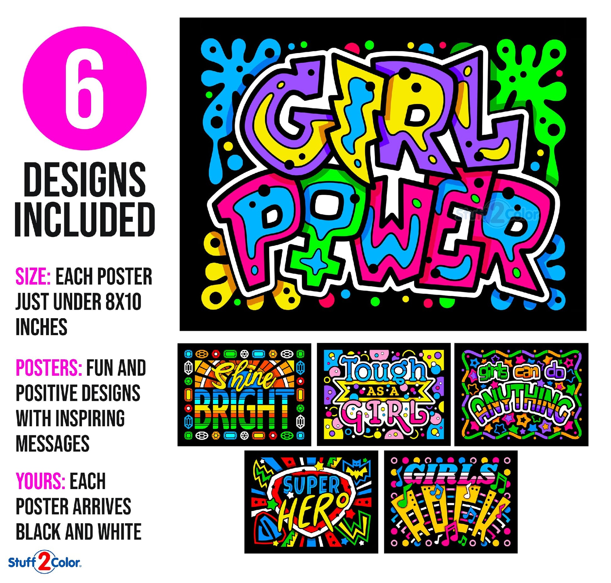 Girl Power 6-Pack of Fuzzy Velvet Coloring Posters for Kids, Toddlers, and Girls (All Ages Arts Crafts Activity) - Positive Messages Inspire