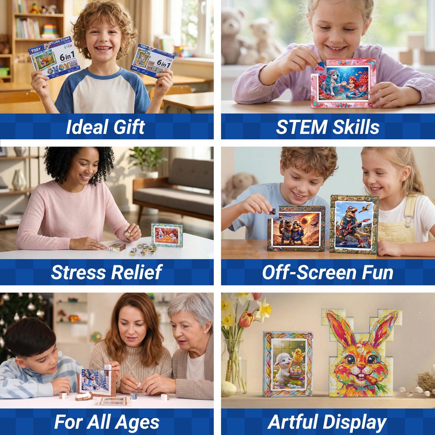 TOSY Picture Cube I Love You Mom: 6-in-1 Magnetic Picture Puzzle, 61 Blocks, 366 Puzzle Faces, 0.6in, B031, Seamless UV Art, Display-Ready Frame