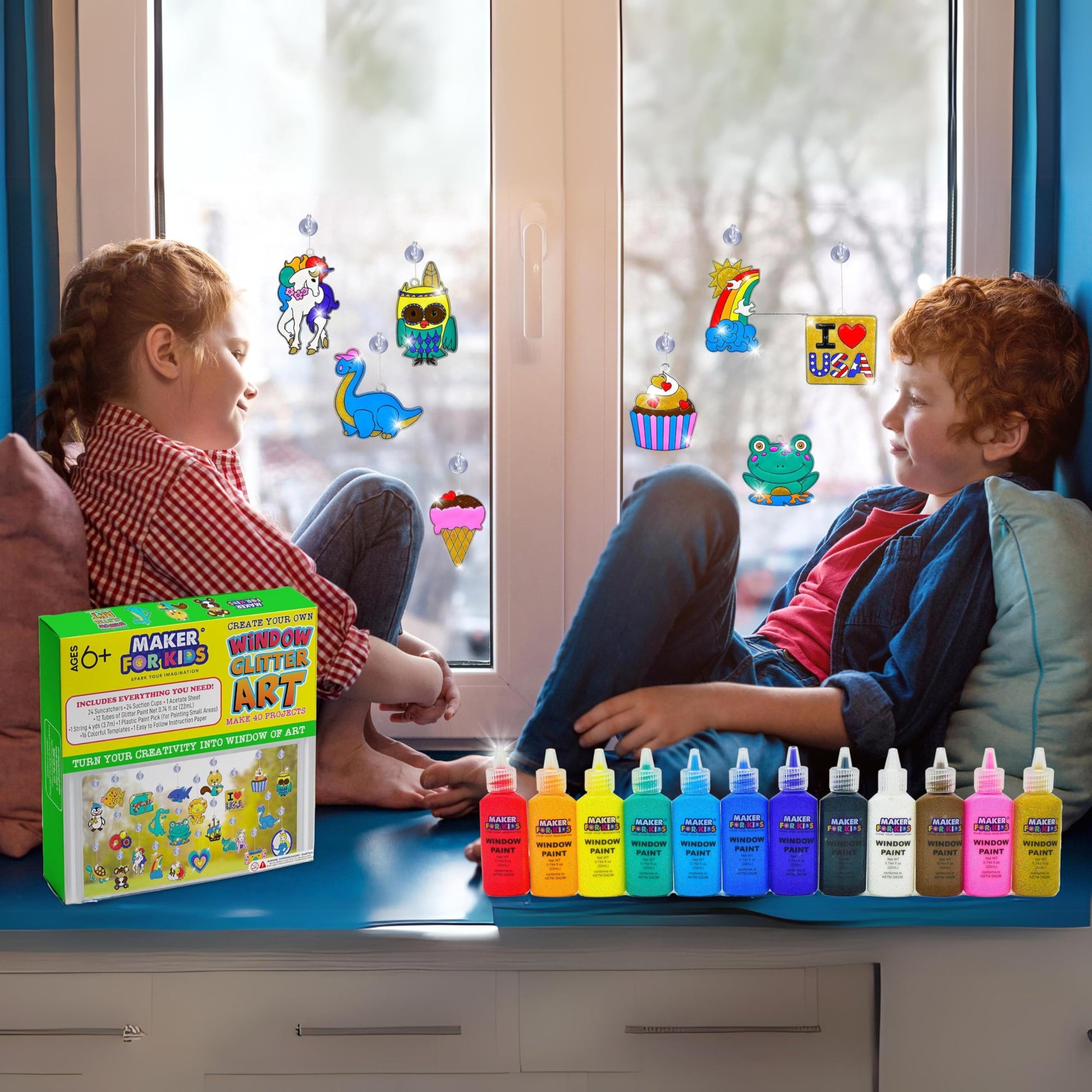 Create Your Own Suncatchers for Window Hanging - 24-Pack Window Glitter Art Suncatcher Kit with 12 Colors - Arts and Crafts for Kids
