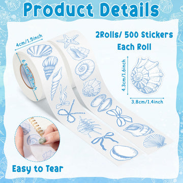 DSjuedui Summer Blue Seashell Roll Stickers - 1000Pcs Funny Blue Ocean Life Starfish Bow Vinyl Decals for Kids, Under the Sea Beach Theme Stickers