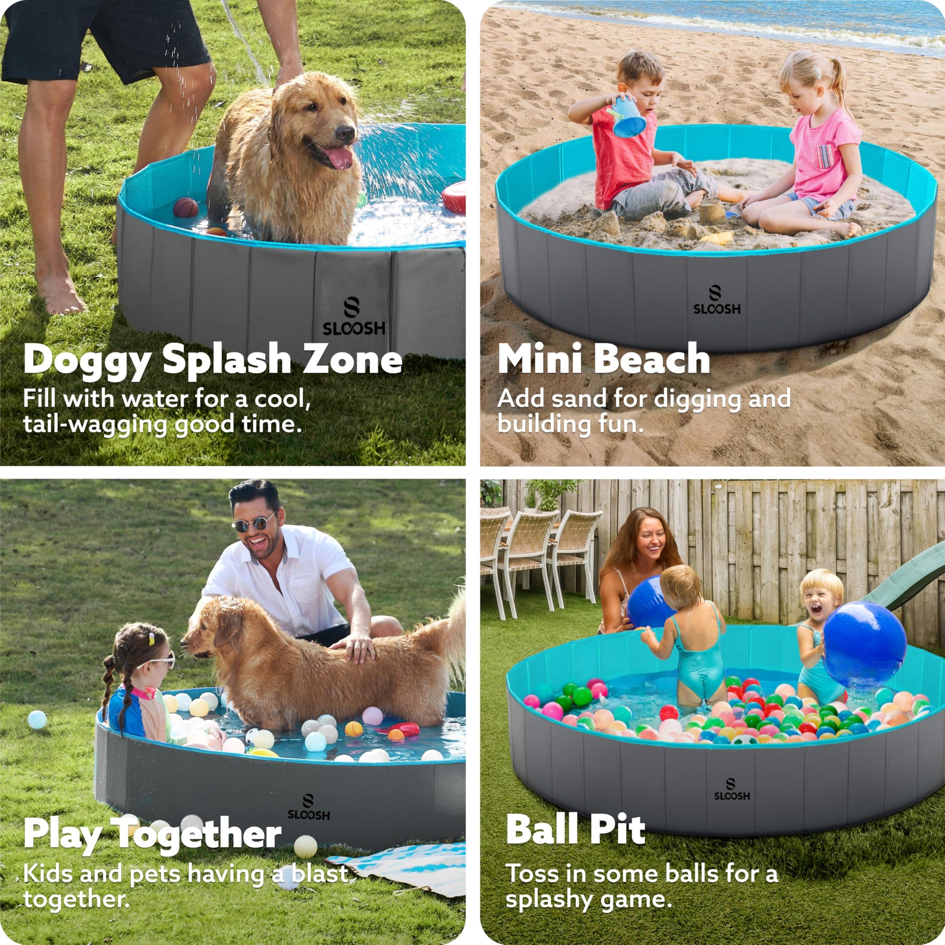 SLOOSH Foldable Dog Kiddie Pool - Portable Hard Plastic Doggie Swimming Pool, Anti-Slip Collapsible Pets Bath Tub Suitable for Kids Toddler Indoor